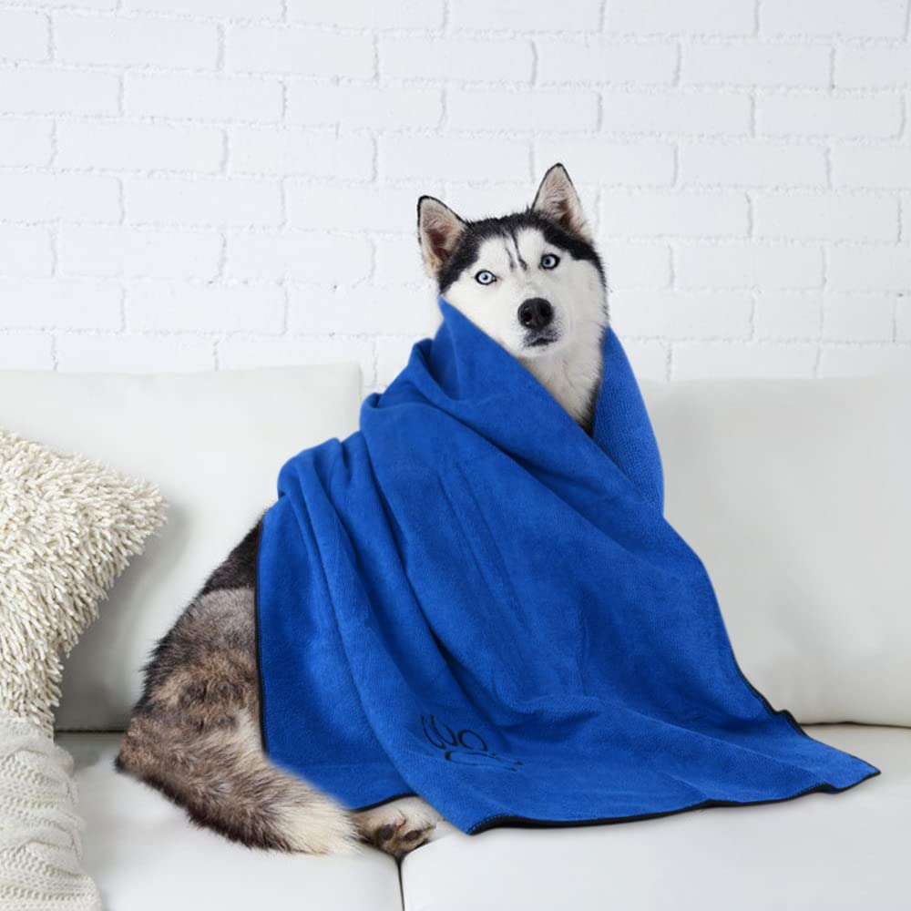 KinHwa Microfiber Dog Towel Super Absorbent Pet Bath Towel Large Size for All Dogs and Cats with Embroidered Paw Print (Dark-Blue, 30inchx50inch)