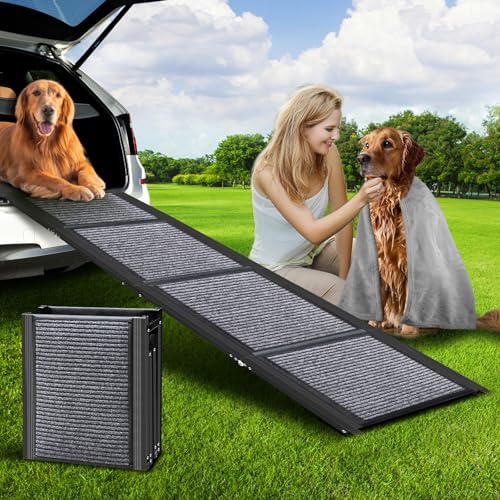 PUPAINT Dog Ramp for Car, Portable Dog Ramp with Non-Slip Rug Surface & Pet Blanket, 67" L Folding Pet Ramp, Easy to Store, Aluminum Alloy Frame Max Load 260LBS for Dog Enter Cars, SUVs (Upgraded)