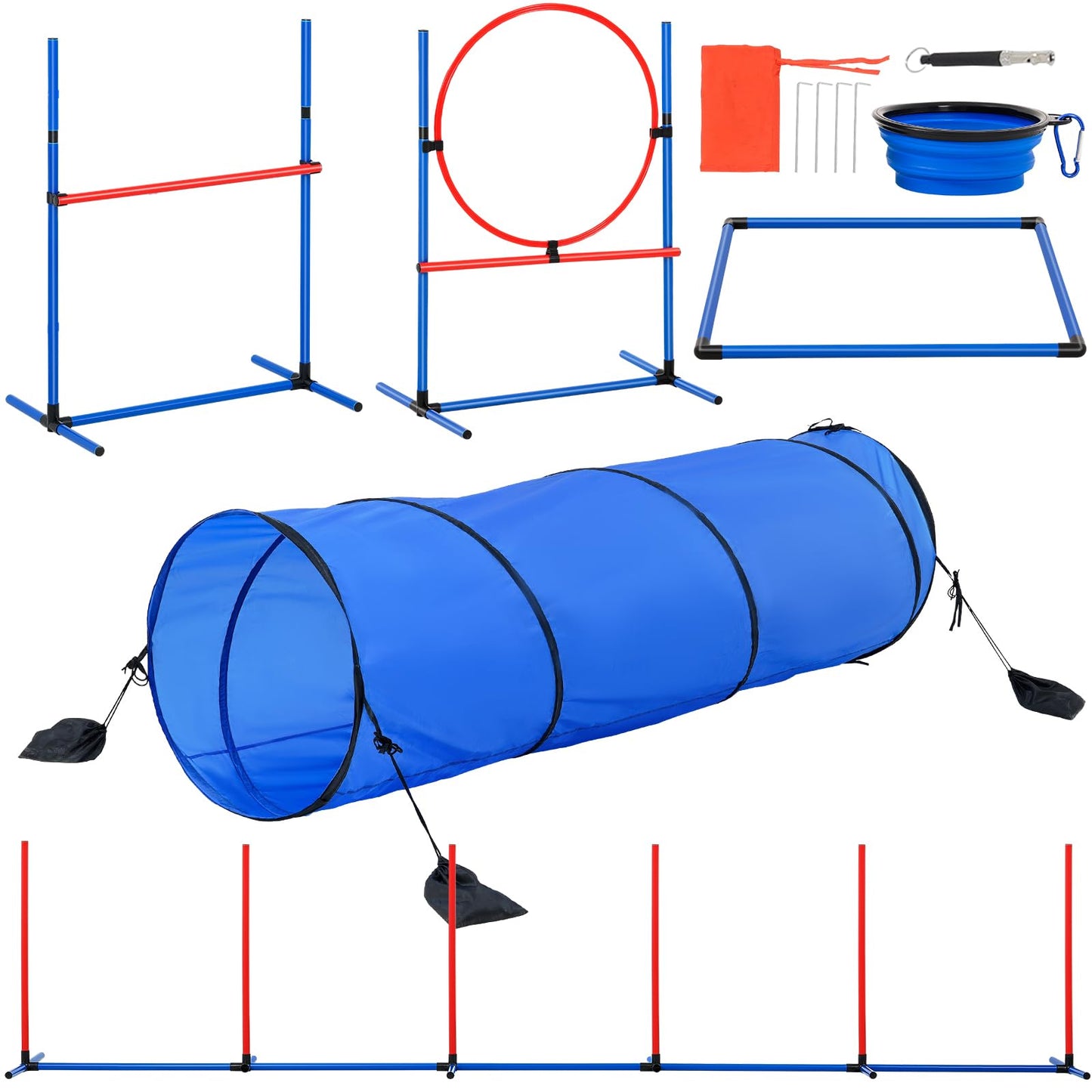 Équipement d'entraînement d'agilité pour chiens VEVOR, ensemble de 5 pièces avec haies hautes réglables, 6 poteaux de tissage, tunnel, anneau de saut, boîte de pause, sifflet, bol pliable, kit de parcours d'obstacles pour chiots avec sacs de rangement