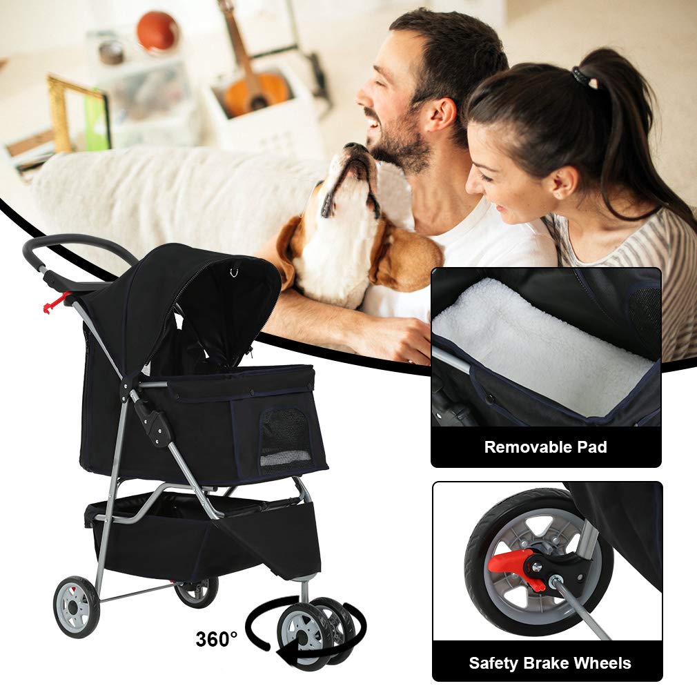 Poussette de transport pliable à 3 roues pour chien et chat BestPet T13 Noir