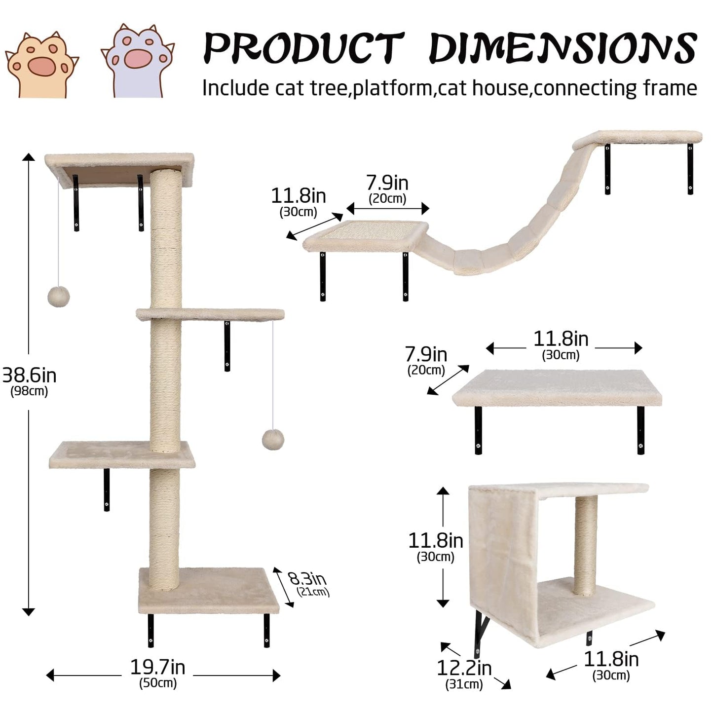 Meubles muraux pour chats Almcmy, ensemble de 4 meubles muraux pour chats, arbre à chat avec griffoir, maison, pont, perchoir flottant, étagères murales modernes pour chats dormant, jouant et grimpant, beige