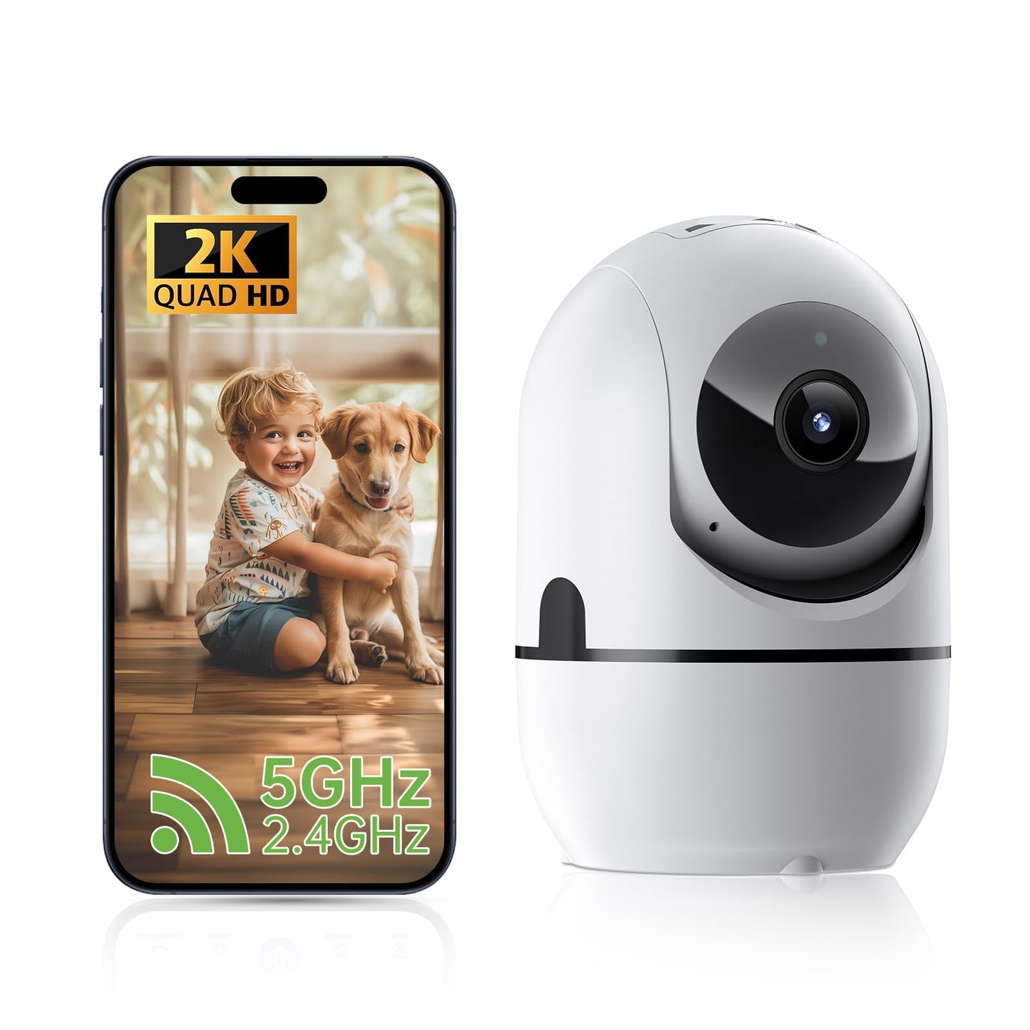 Caméra de sécurité intérieure 2K 5G et 2,4G Wi-Fi pour chien et animal domestique, avec application mobile, caméra de sécurité 360°, babyphone, détecteur de mouvement, vision nocturne, audio bidirectionnel, caméra nounou (A)
