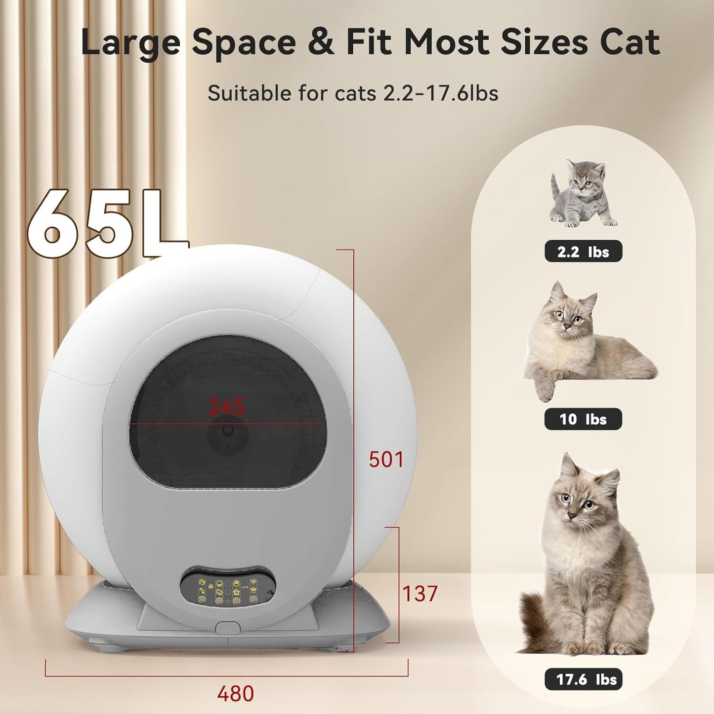 Bac à litière autonettoyant 65 L, grand bac à litière automatique pour plusieurs chats, isolation des odeurs/contrôle par application/protection de sécurité, bac à litière pour chat autonettoyant avec sac à déjections, anti-pincement