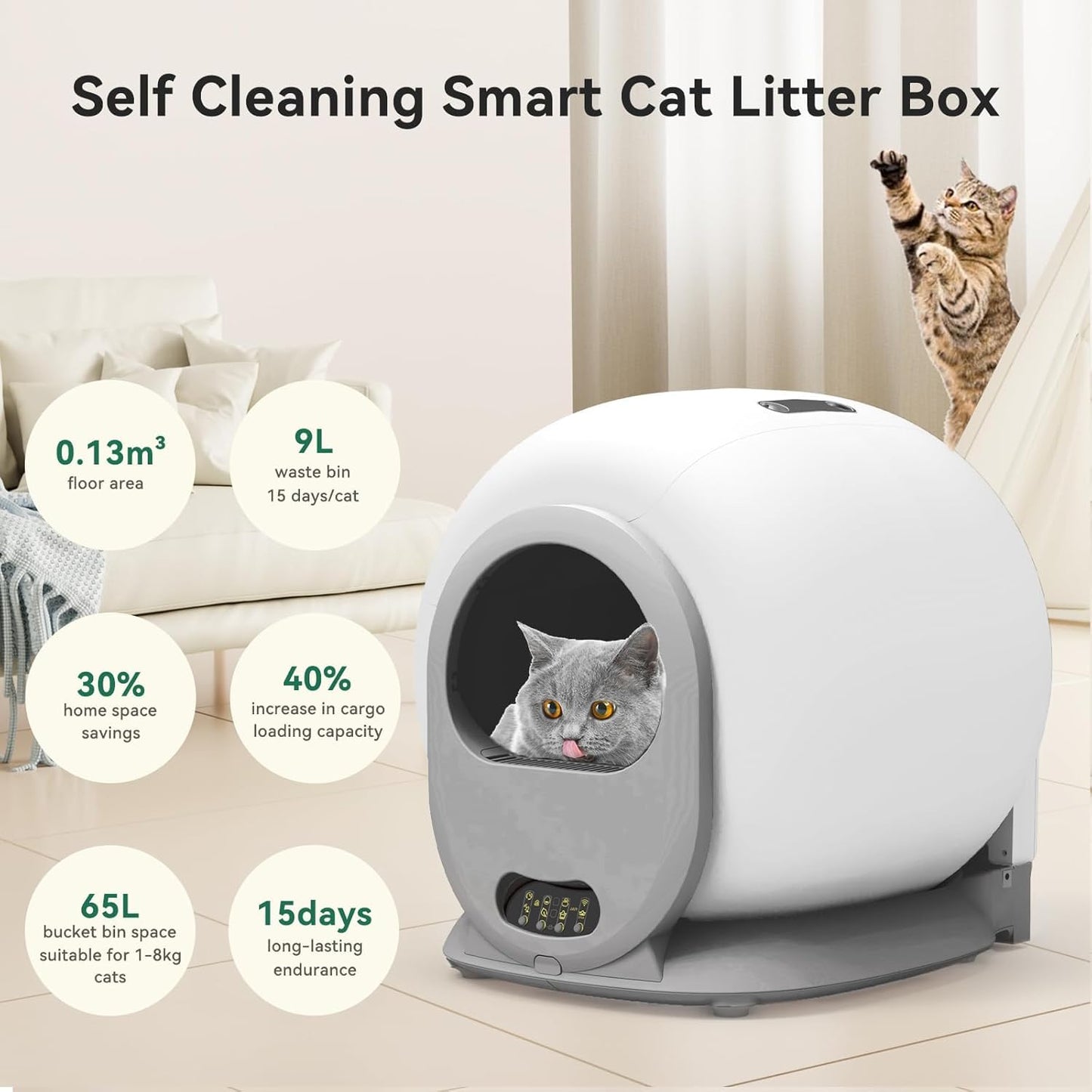 Bac à litière autonettoyant 65 L, grand bac à litière automatique pour plusieurs chats, isolation des odeurs/contrôle par application/protection de sécurité, bac à litière pour chat autonettoyant avec sac à déjections, anti-pincement
