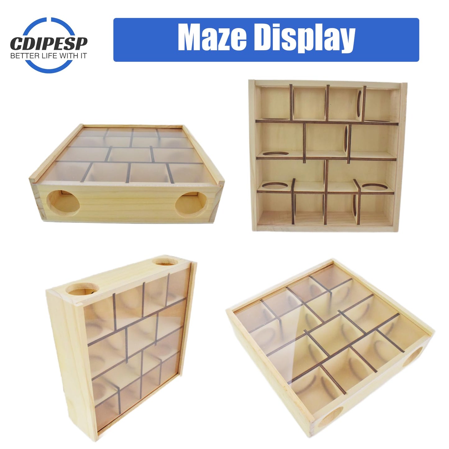 Labyrinthe en bois pour hamsters Cdipesp avec couvercle en acrylique transparent, cachette multi-chambres pour hamsters, jouets pour hamsters, gerbilles, souris et autres petits animaux à fourrure