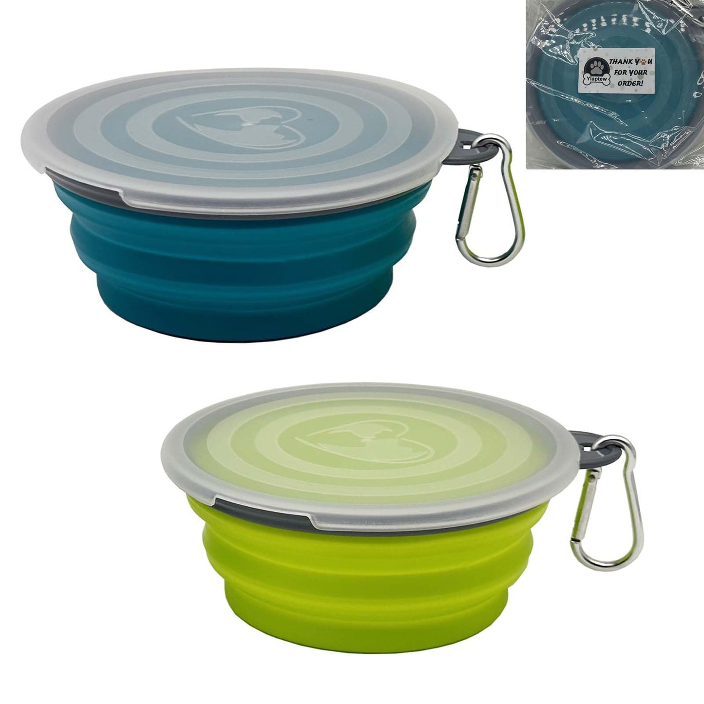 Small Collapsible Dog Bowl,2 Pack Portable and Foldable Pet Travel Bowls with 2 Carabiners & Lids for Dogs Cats and Small Animals (Blue+Green+Grey, 350ml)