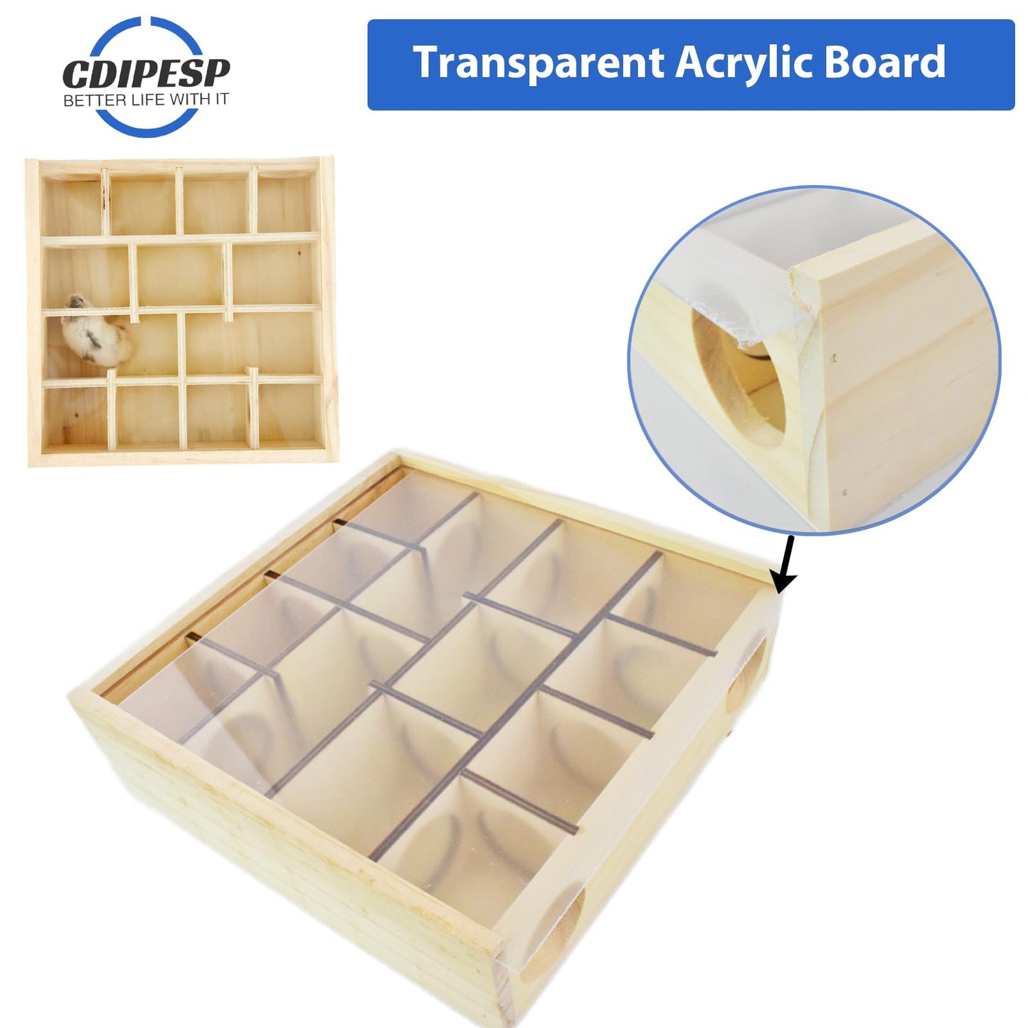 Labyrinthe en bois pour hamsters Cdipesp avec couvercle en acrylique transparent, cachette multi-chambres pour hamsters, jouets pour hamsters, gerbilles, souris et autres petits animaux à fourrure