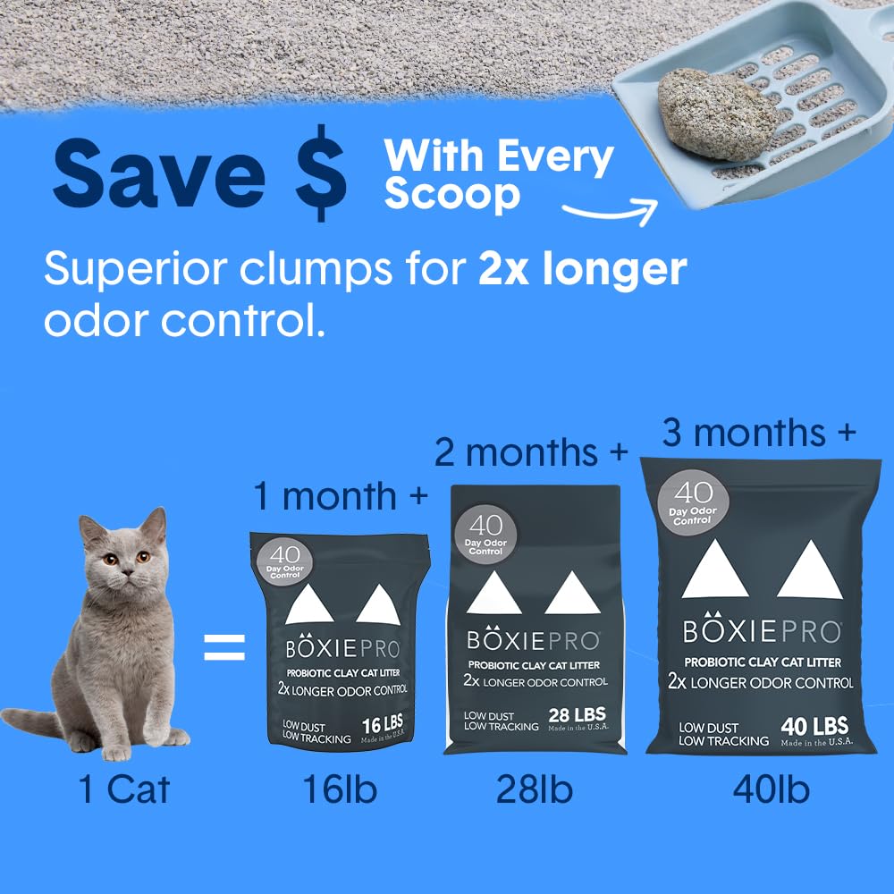 Litière agglomérante Boxie® Probiotic pour chats et chatons, contrôle des odeurs pendant 40 jours, 7,3 kg, 99,9 % sans poussière, autonettoyante, longue durée, approuvée par les vétérinaires, facile à ramasser pour tous les bacs à litière