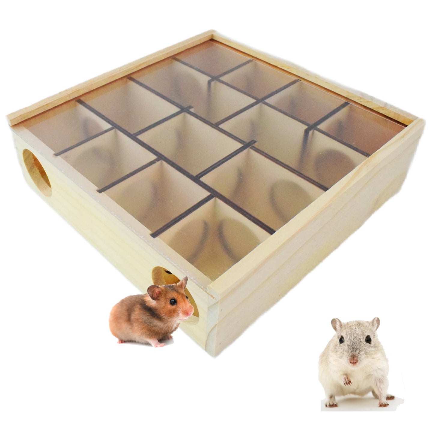 Labyrinthe en bois pour hamsters Cdipesp avec couvercle en acrylique transparent, cachette multi-chambres pour hamsters, jouets pour hamsters, gerbilles, souris et autres petits animaux à fourrure