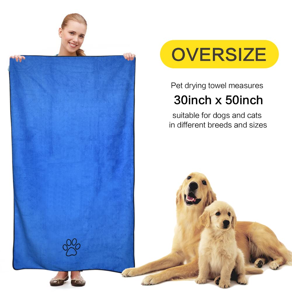 KinHwa Microfiber Dog Towel Super Absorbent Pet Bath Towel Large Size for All Dogs and Cats with Embroidered Paw Print (Dark-Blue, 30inchx50inch)