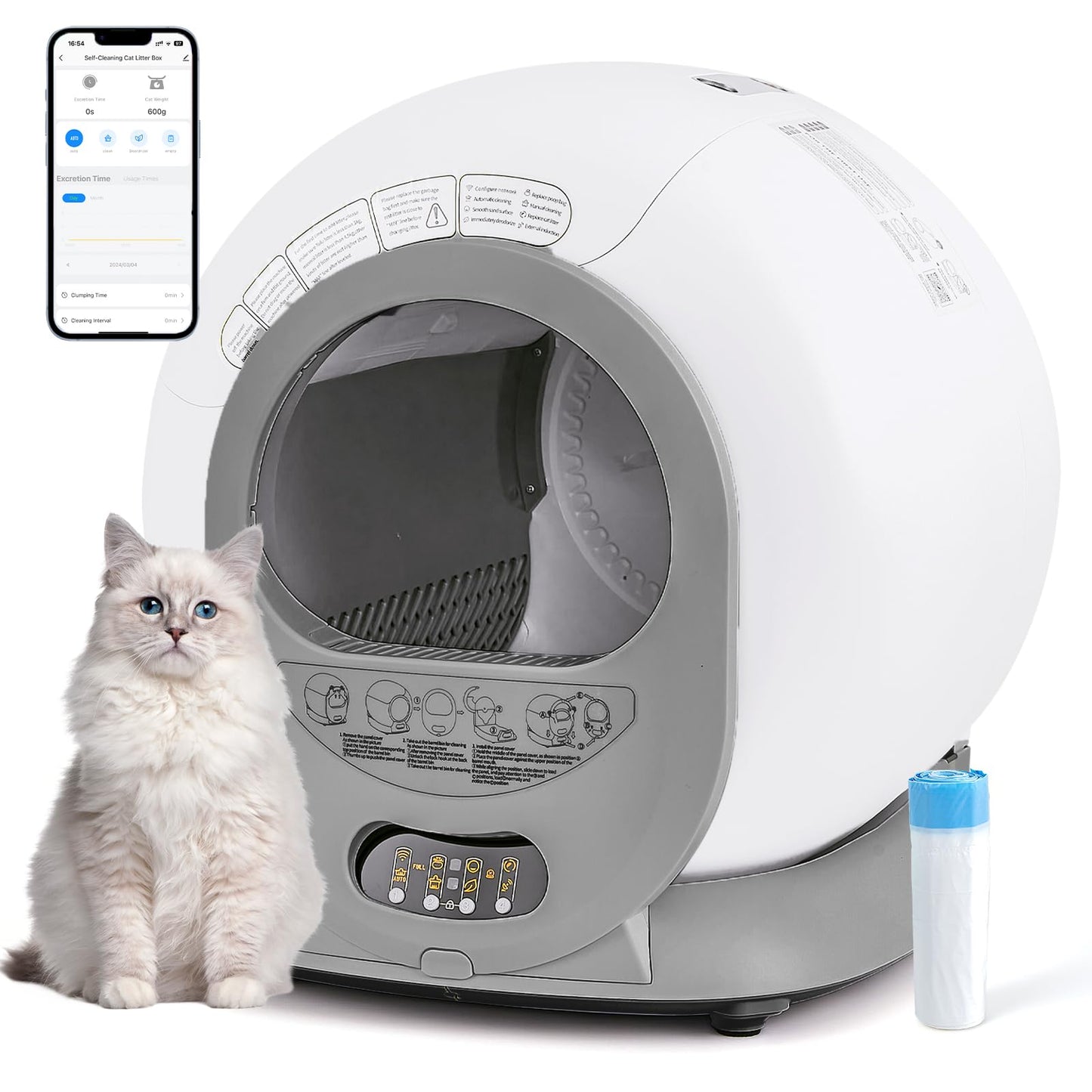 Bac à litière autonettoyant 65 L, grand bac à litière automatique pour plusieurs chats, isolation des odeurs/contrôle par application/protection de sécurité, bac à litière pour chat autonettoyant avec sac à déjections, anti-pincement