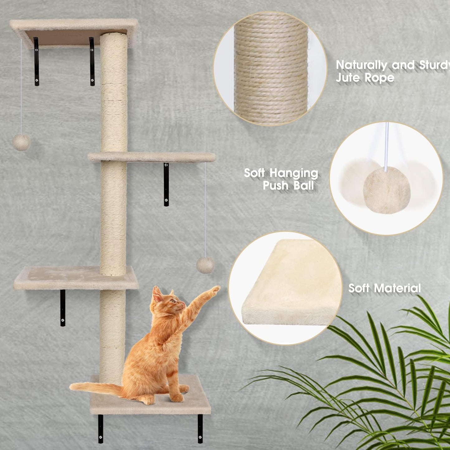 Meubles muraux pour chats Almcmy, ensemble de 4 meubles muraux pour chats, arbre à chat avec griffoir, maison, pont, perchoir flottant, étagères murales modernes pour chats dormant, jouant et grimpant, beige