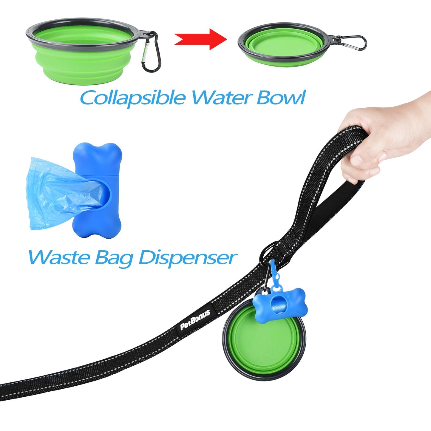 PetBonus Double Dog Leash, No Tangle Dual Leash, Reflective Walking Training Lead, 4 Comfortable Padded Handles for 2 Dogs with Collapsible Bowl and Waste Bags (Black, Large)
