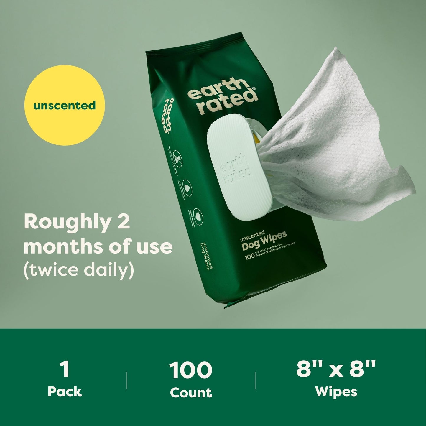 Lingettes de toilettage pour chiens et chats Earth Rated (entreprise canadienne), hypoallergéniques, nettoyantes et hydratantes, pour les pattes, le corps et les fesses, sans parfum, 100 unités