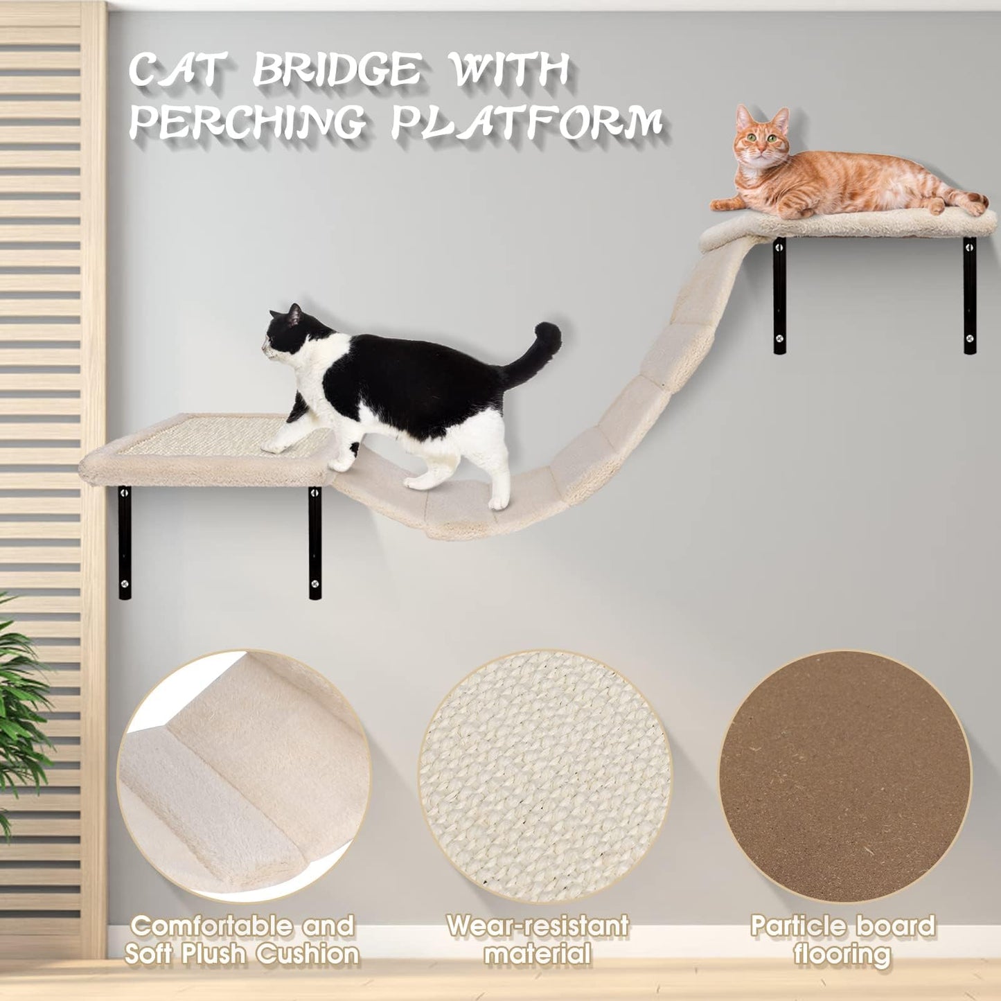 Meubles muraux pour chats Almcmy, ensemble de 4 meubles muraux pour chats, arbre à chat avec griffoir, maison, pont, perchoir flottant, étagères murales modernes pour chats dormant, jouant et grimpant, beige