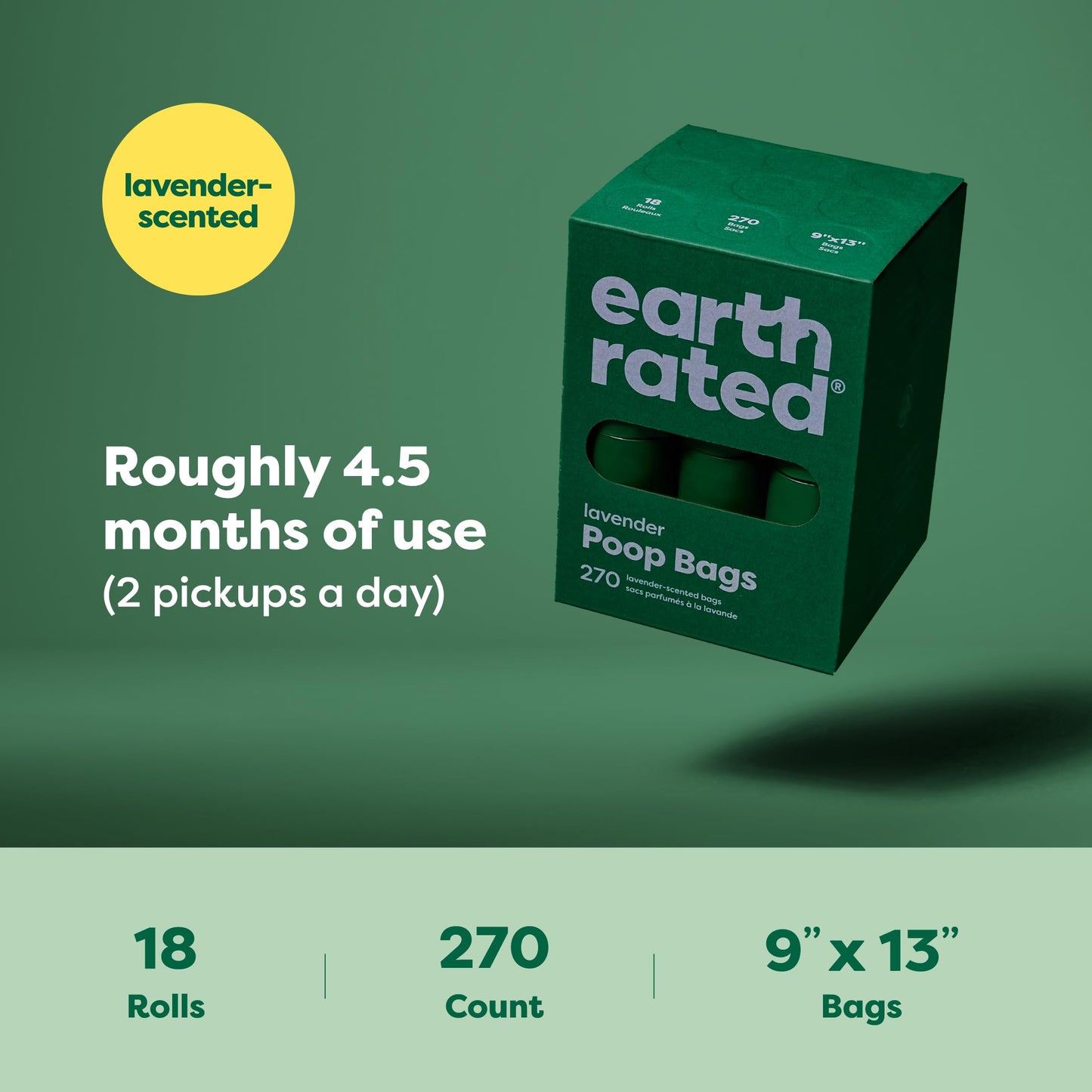 Earth Rated (entreprise canadienne), sacs à déjections canines, rouleaux de recharge garantis anti-fuites et extra-épais, parfum lavande, 270 unités