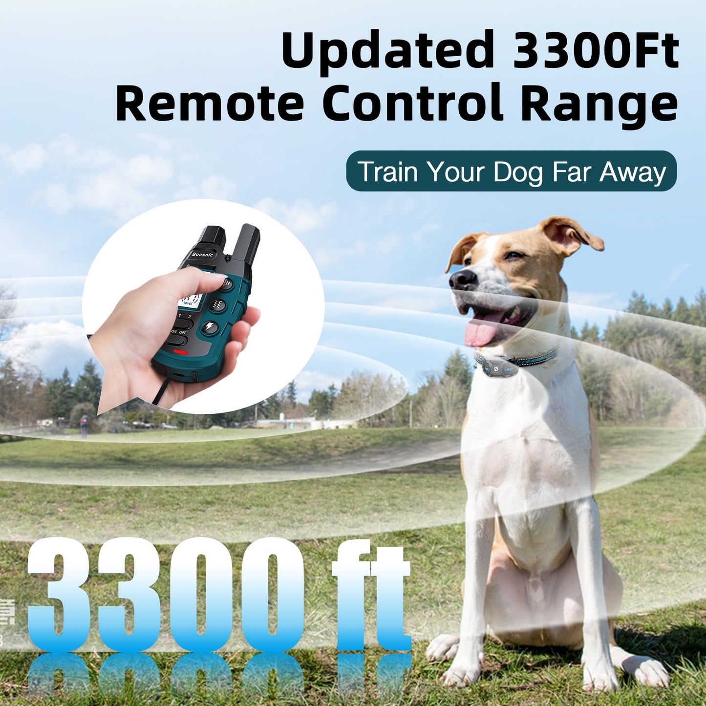 Bousnic Dog Shock Collar - 3300Ft Dog Training Collar with Remote for 5-120lbs Small Medium Large Dogs Rechargeable Waterproof e Collar with Beep (1-8), Vibration(1-16), Safe Shock(1-99) Modes (Blue)