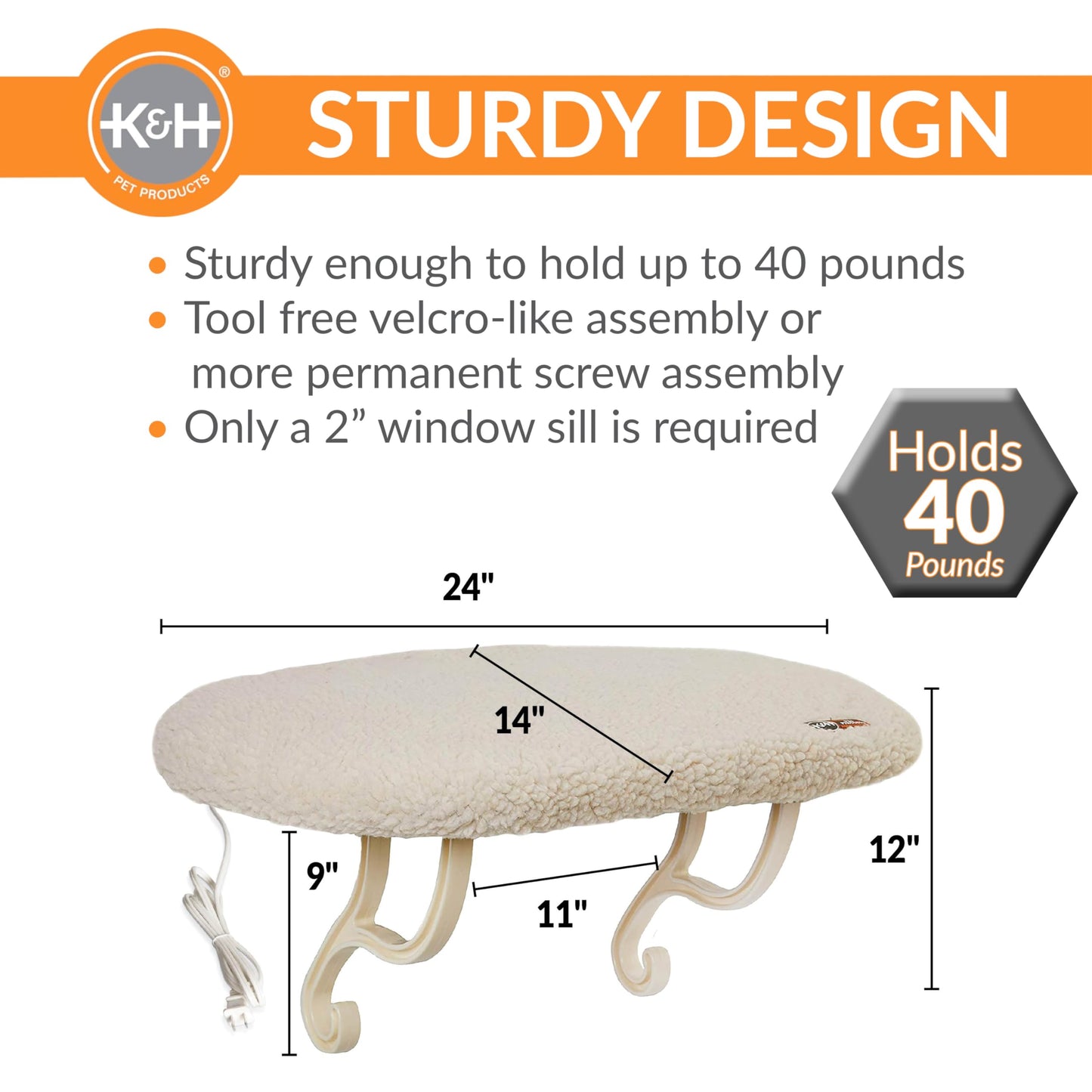 Perchoir chauffant pour chat K&H Pet Products - Rebord Thermo-Kitty avec housse de coussin en polaire lavable - Hamac chauffant robuste pour chat pouvant supporter 18 kg - Siège de fenêtre pour chat d'intérieur