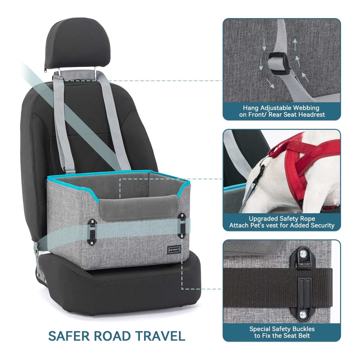 PETSFIT Dog Car Seats for Small Dogs, Portable Dog Booster Car Seat with Patent Safe Buckles, Clip-On Leash, Suitable for Small Pets Up to 25lbs (Grey)