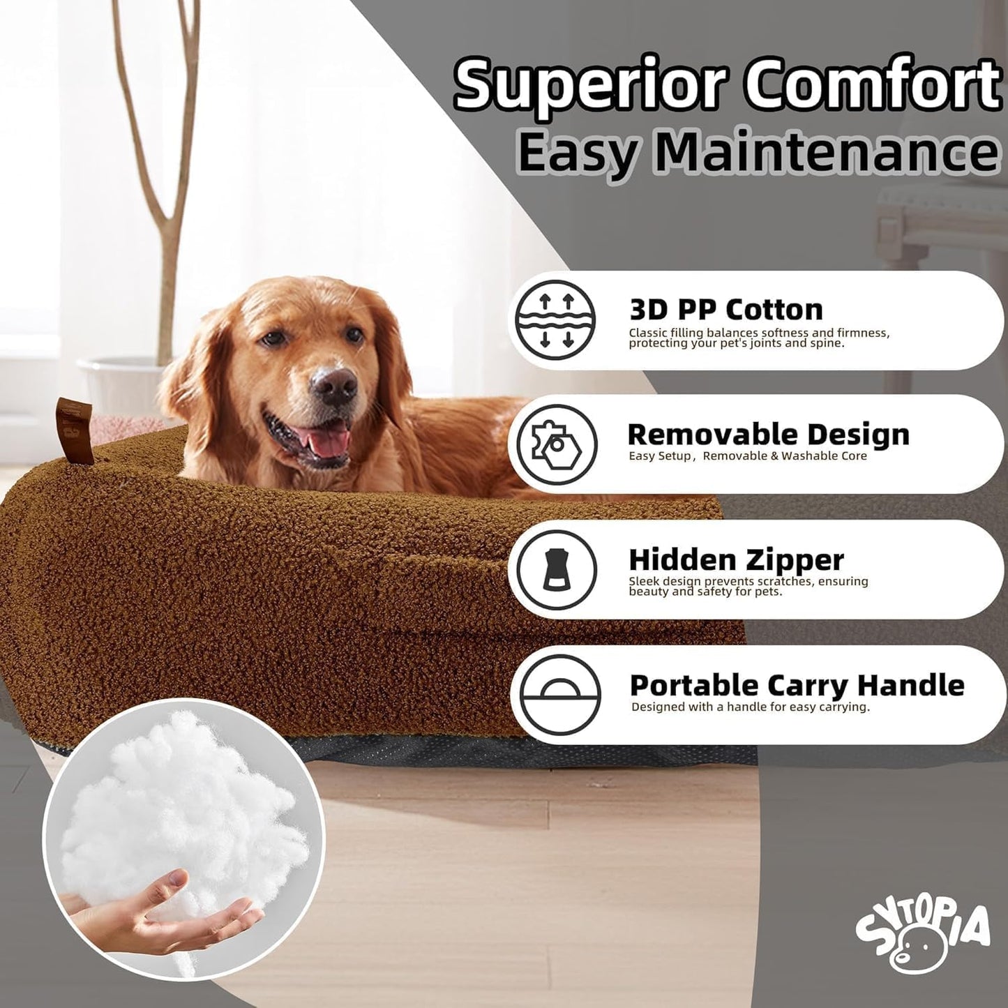 Grands paniers pour chats d'intérieur Sytopia, panier anti-anxiété pour chien, polaire moelleuse de 81 cm, lavable et imperméable, panier rond doux et apaisant pour chiens jusqu'à 11 kg, marron