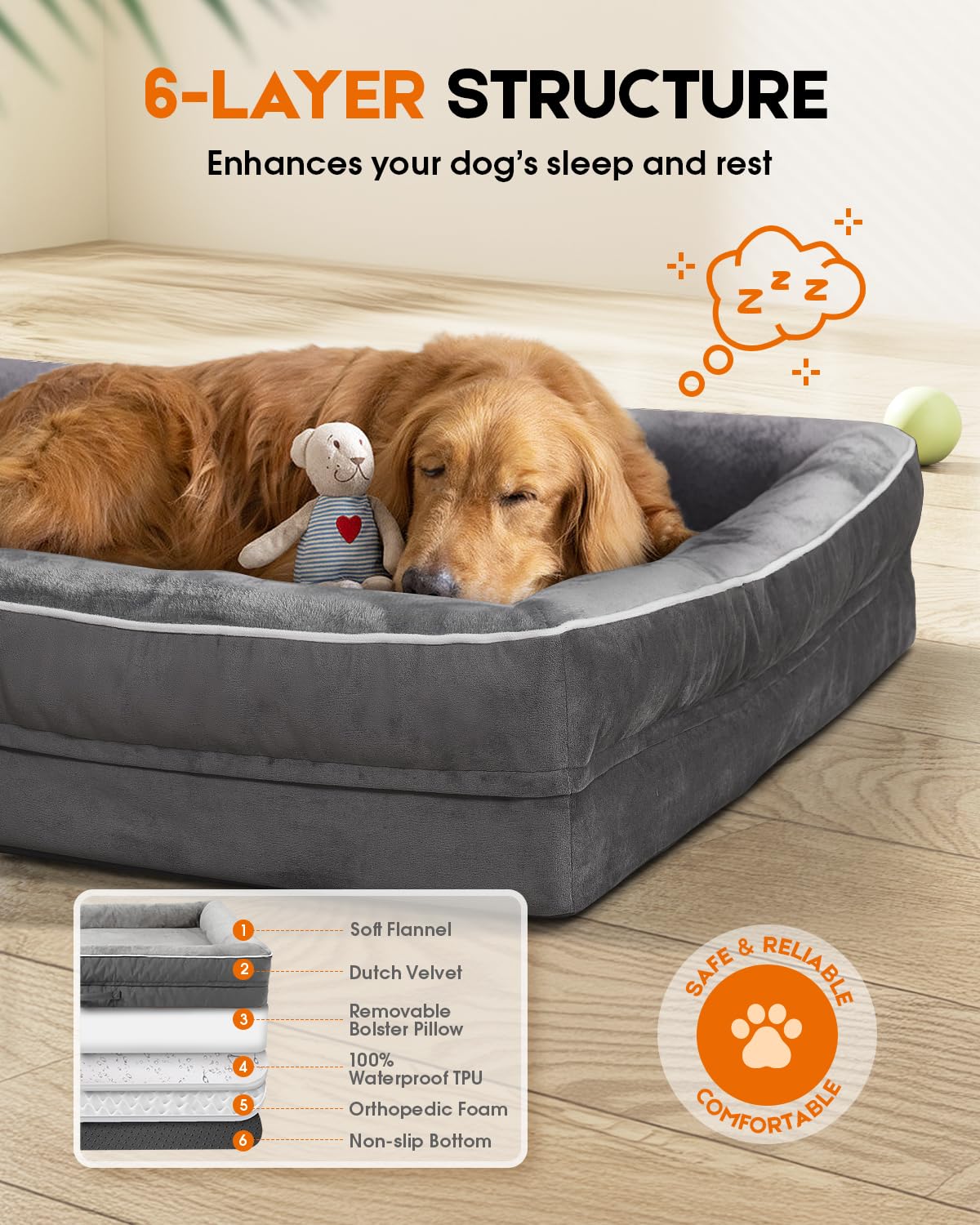 Large Orthopedic Dog Bed, Egg Foam Dog Couch with Removable Washable Cover, Waterproof Pet Sofa Bed with Non-Slip Bottom and Four-Sided Bolster Cushion, Gray Dog Beds for Large Sized Dog