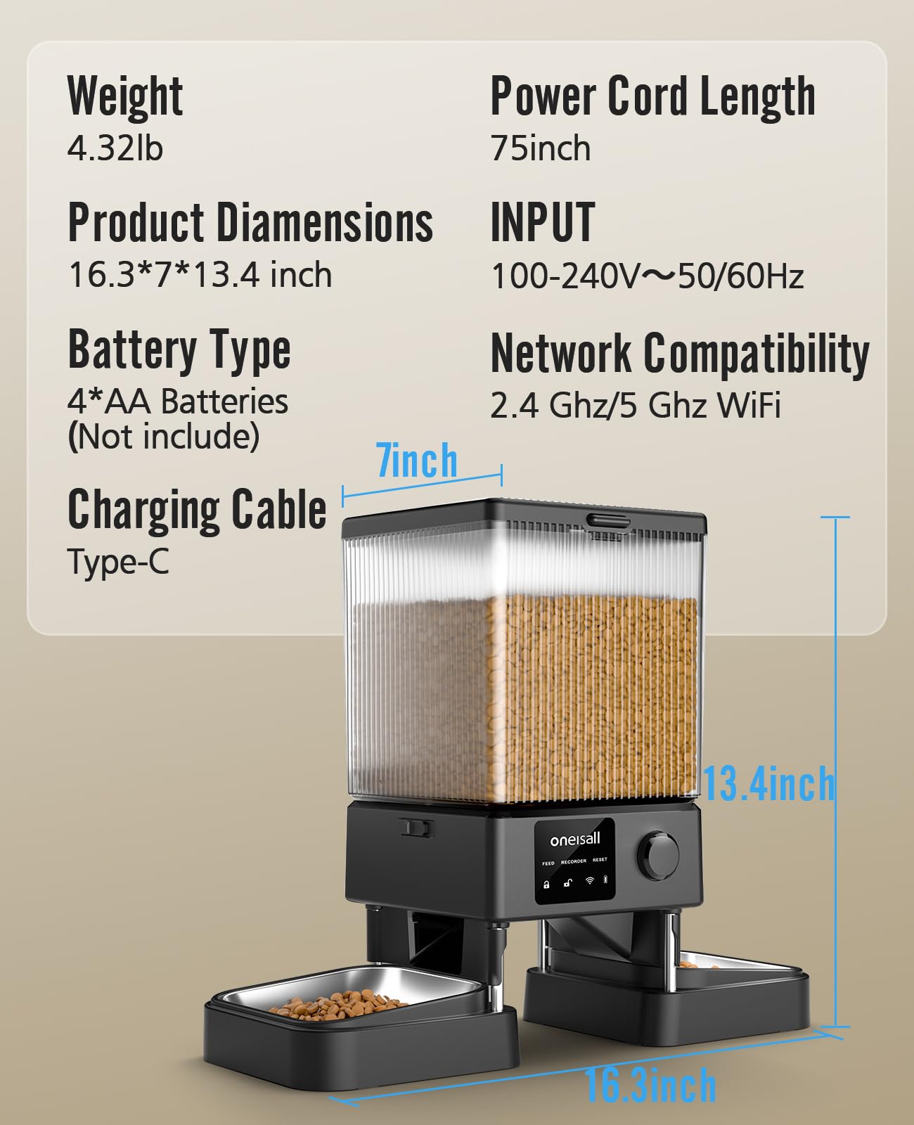Oneisall Distributeur automatique de croquettes pour chats avec Wi-Fi 5G, pour 2 chats et petits animaux, 20 tasses/5 L, distributeur de croquettes chronométré avec contrôle par application