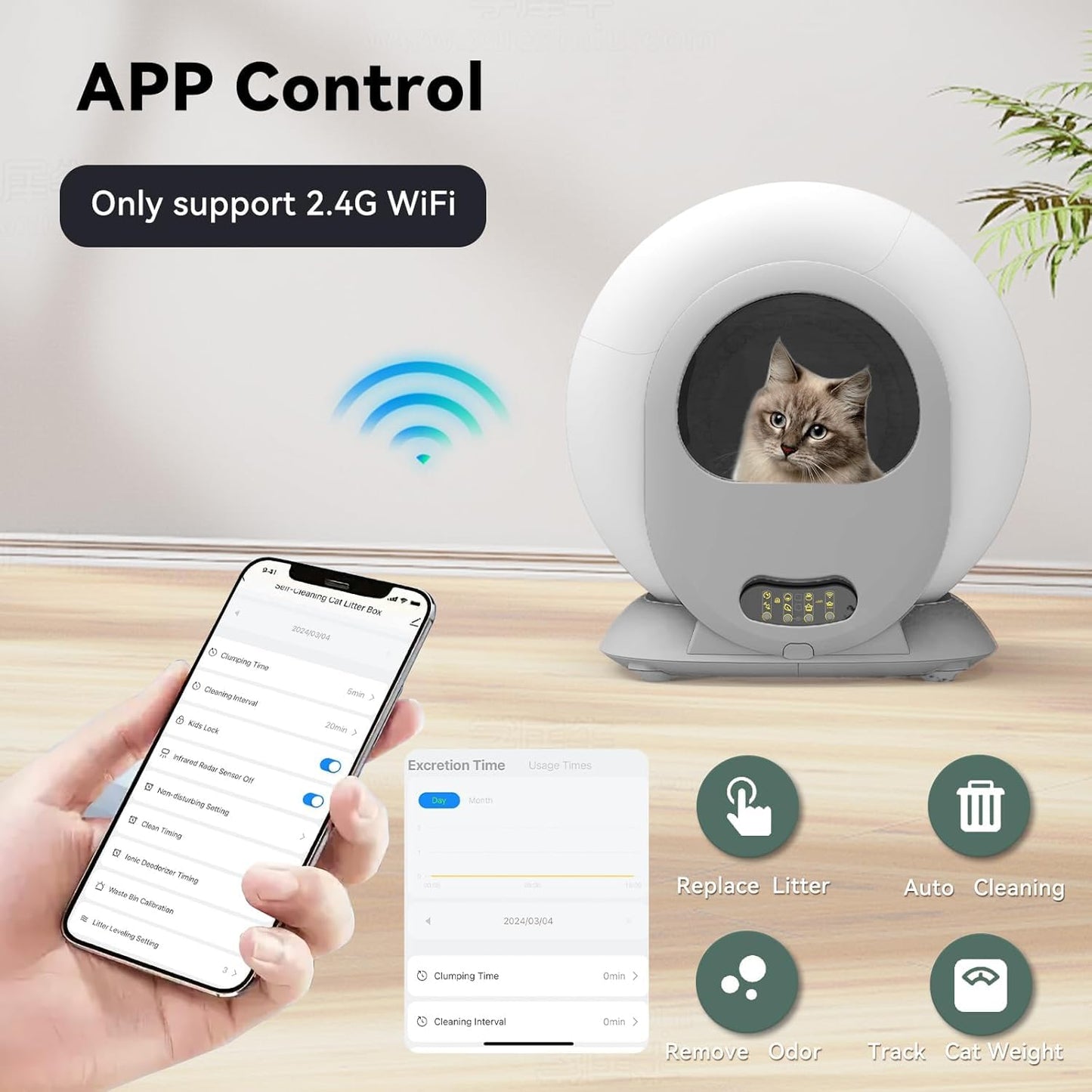Bac à litière autonettoyant 65 L, grand bac à litière automatique pour plusieurs chats, isolation des odeurs/contrôle par application/protection de sécurité, bac à litière pour chat autonettoyant avec sac à déjections, anti-pincement