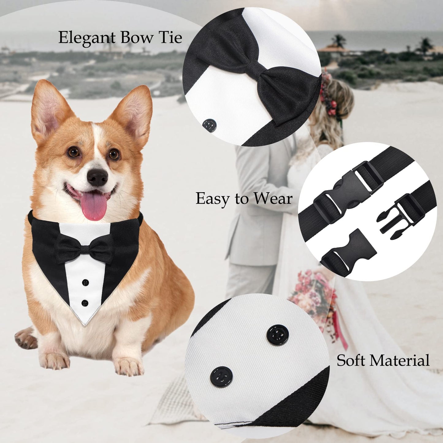 GOYOSWA Costume de smoking pour chien, collier bandana de mariage pour chien avec nœud papillon, costumes de smoking pour chien réglables, cadeaux d'anniversaire de fiançailles pour petits, moyens et grands chiens (S : tour de cou 12,5 à 21 pouces)