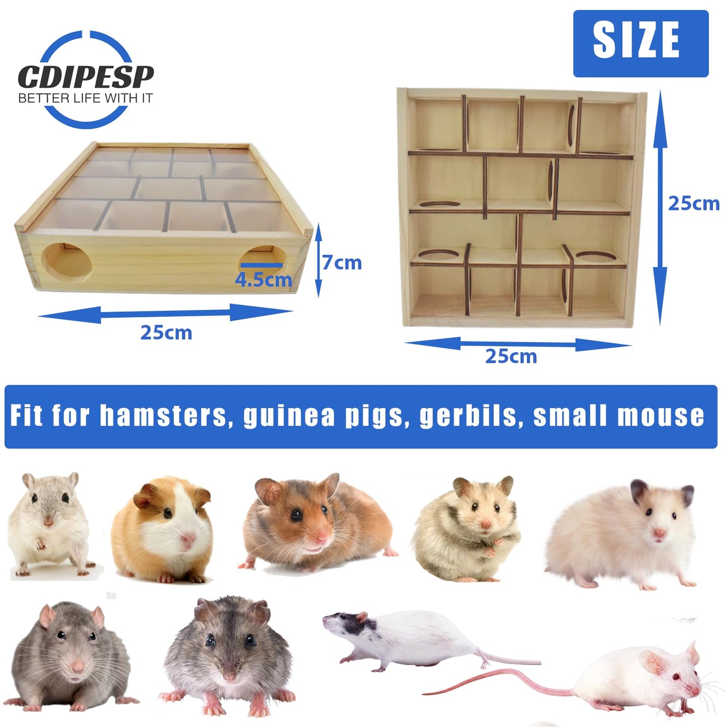 Labyrinthe en bois pour hamsters Cdipesp avec couvercle en acrylique transparent, cachette multi-chambres pour hamsters, jouets pour hamsters, gerbilles, souris et autres petits animaux à fourrure