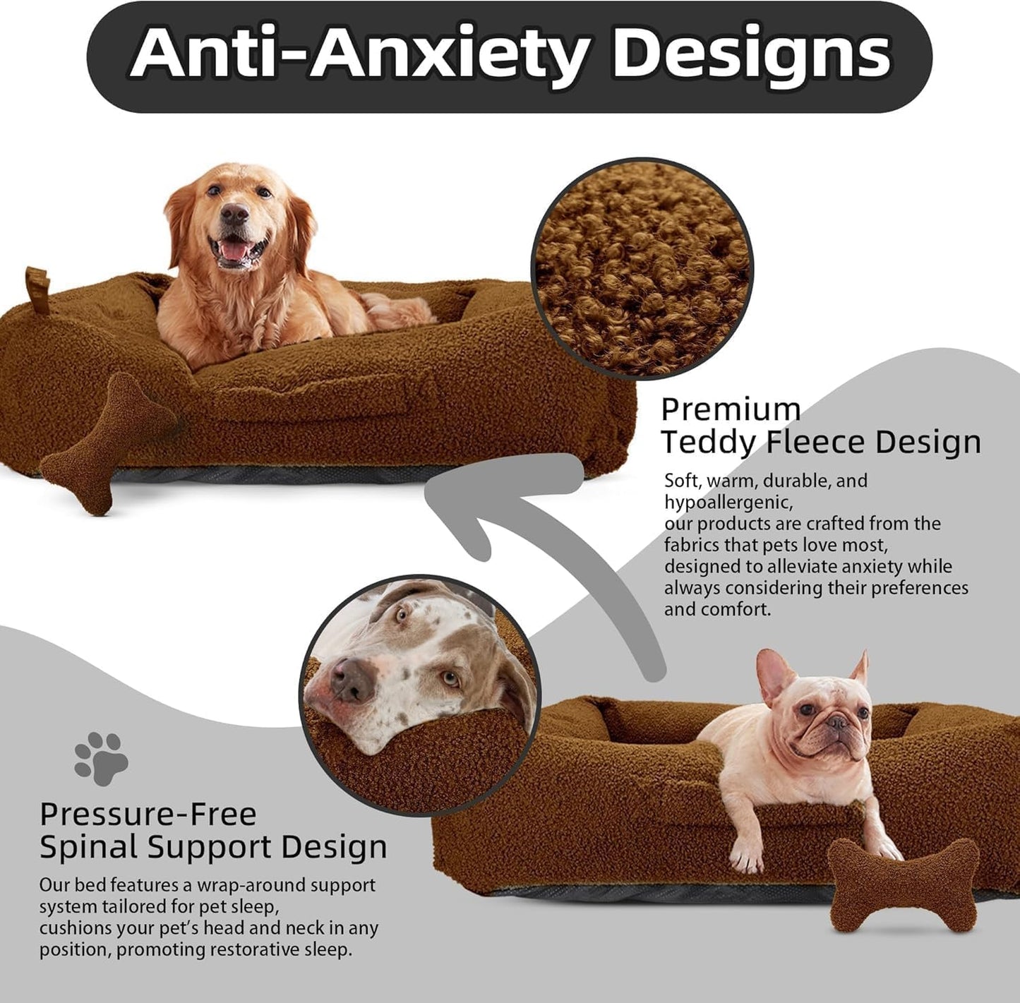 Grands paniers pour chats d'intérieur Sytopia, panier anti-anxiété pour chien, polaire moelleuse de 81 cm, lavable et imperméable, panier rond doux et apaisant pour chiens jusqu'à 11 kg, marron