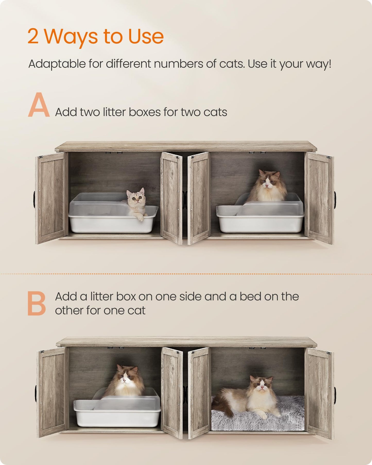 Bac à litière double moderne Feandrea, dissimulé pour 2 chats, entrée principale, niche pour chat, table d'appoint, meuble TV, 150 x 48 x 49,5 cm, Heather Griege
