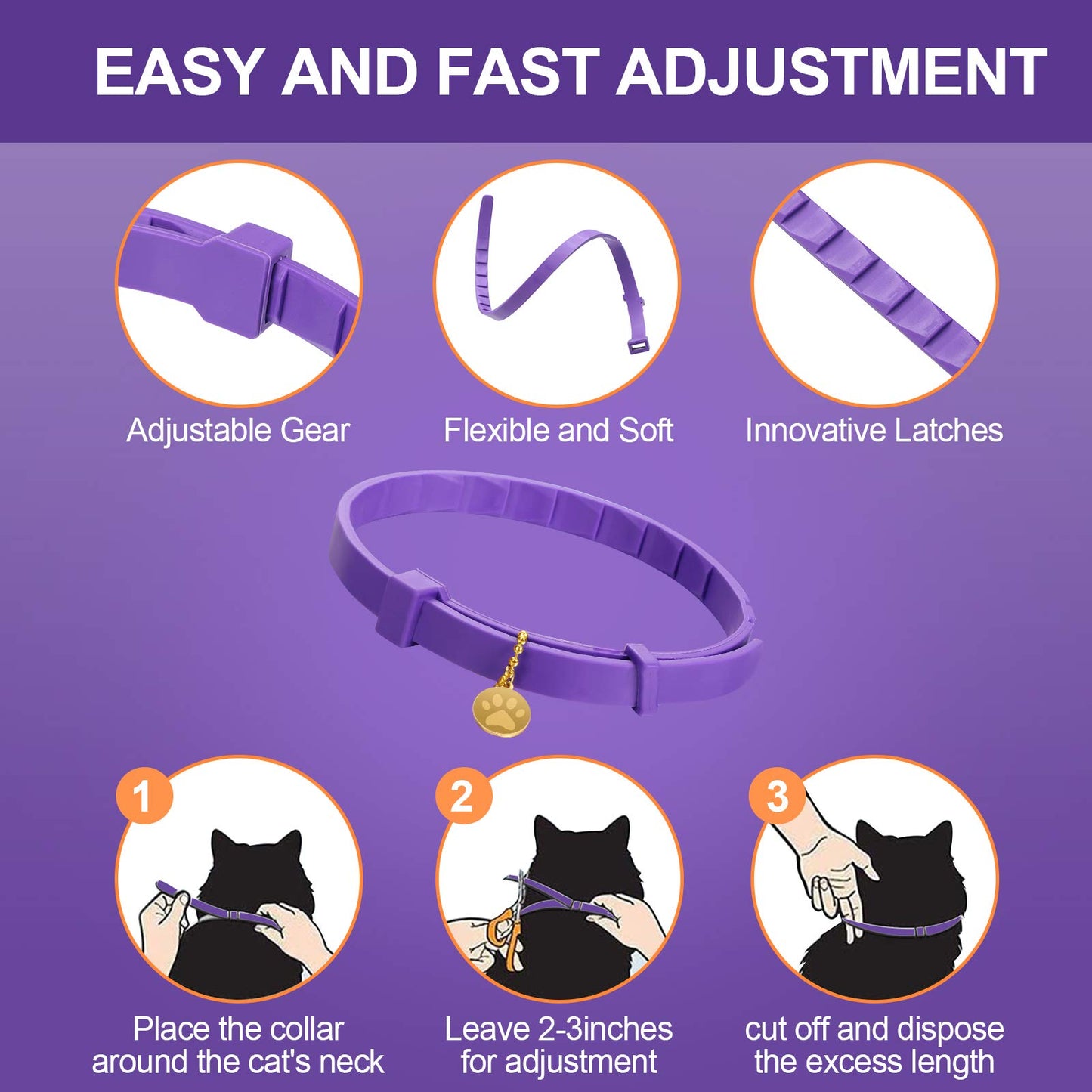 Collier apaisant pour chat, réglable, parfum lavande, avec 2 pendentifs, pour chiots, réduit le stress, l'agression et l'anxiété, jusqu'à 38 cm (violet, doré)