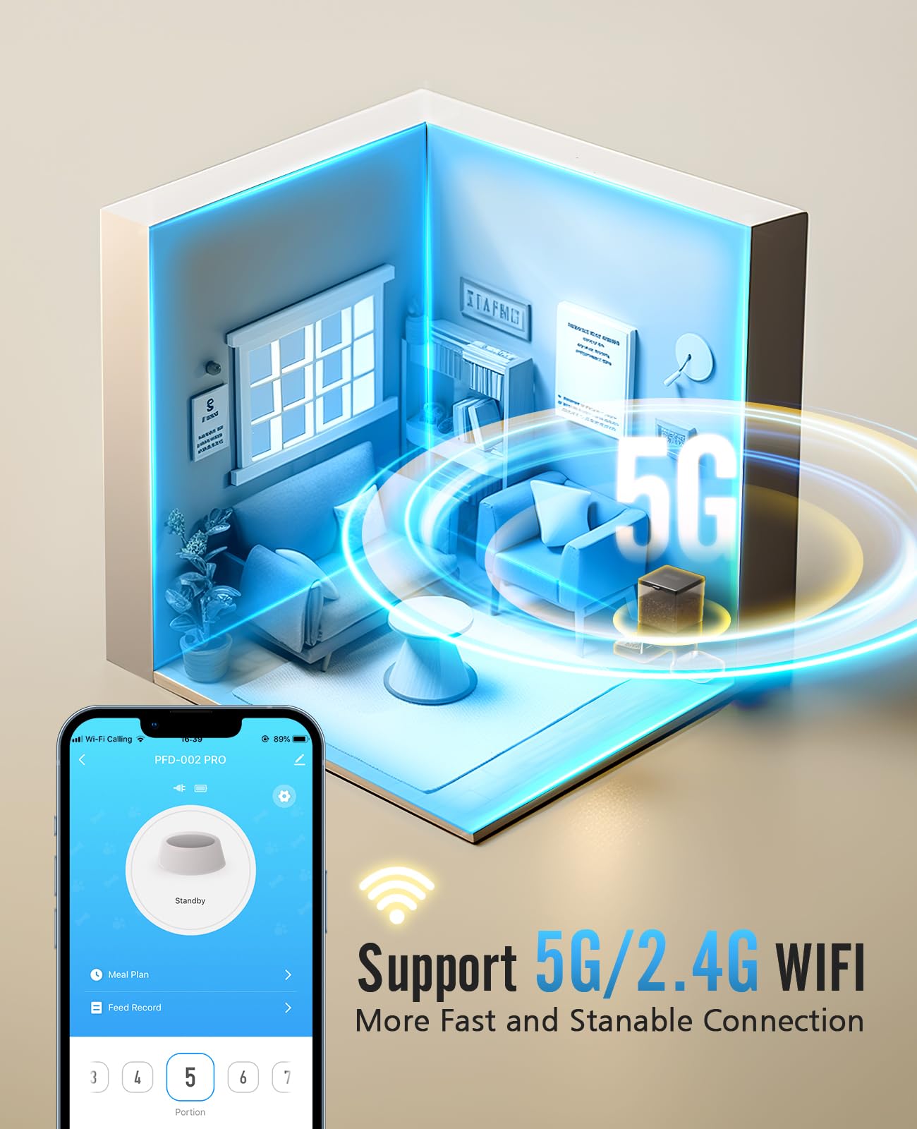 Oneisall Distributeur automatique de croquettes pour chats avec Wi-Fi 5G, pour 2 chats et petits animaux, 20 tasses/5 L, distributeur de croquettes chronométré avec contrôle par application