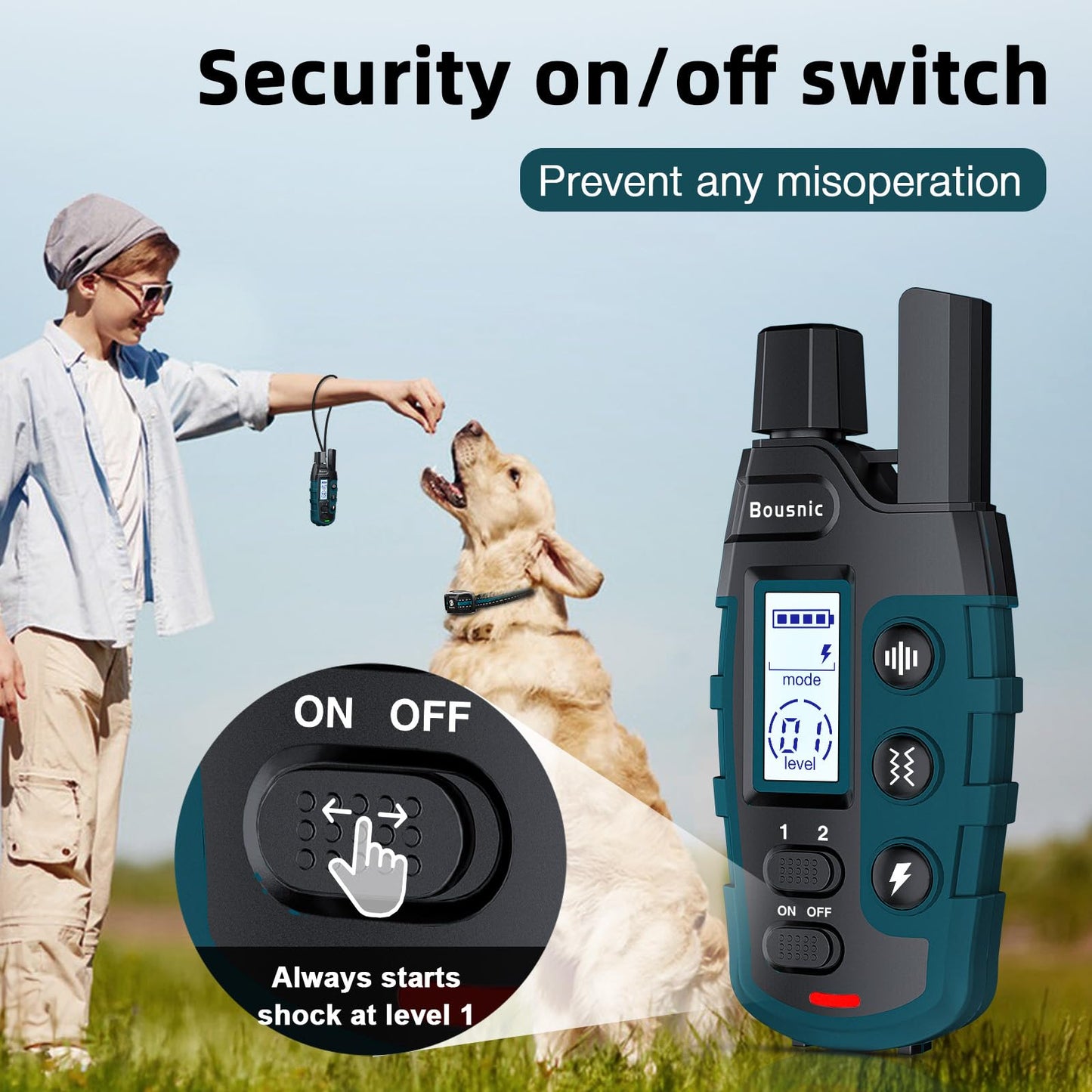 Bousnic Dog Shock Collar - 3300Ft Dog Training Collar with Remote for 5-120lbs Small Medium Large Dogs Rechargeable Waterproof e Collar with Beep (1-8), Vibration(1-16), Safe Shock(1-99) Modes (Blue)