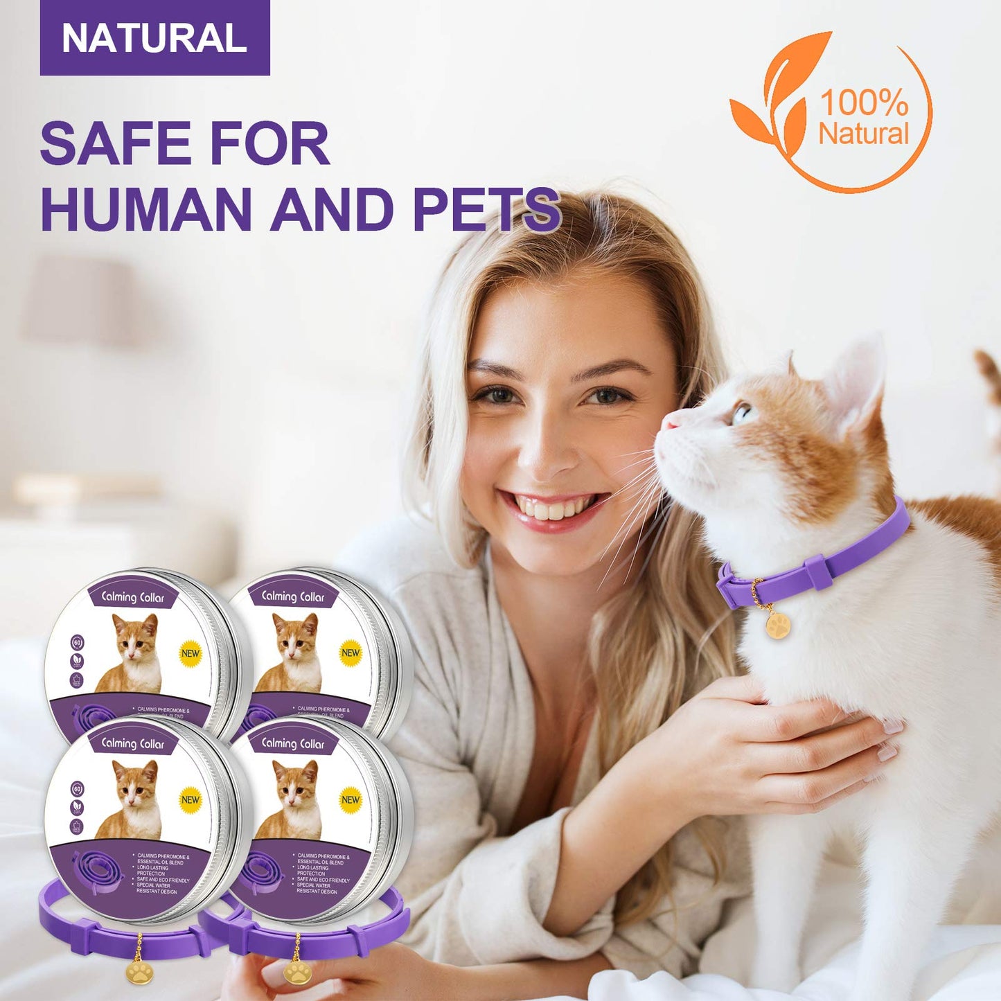Collier apaisant pour chat, réglable, parfum lavande, avec 2 pendentifs, pour chiots, réduit le stress, l'agression et l'anxiété, jusqu'à 38 cm (violet, doré)
