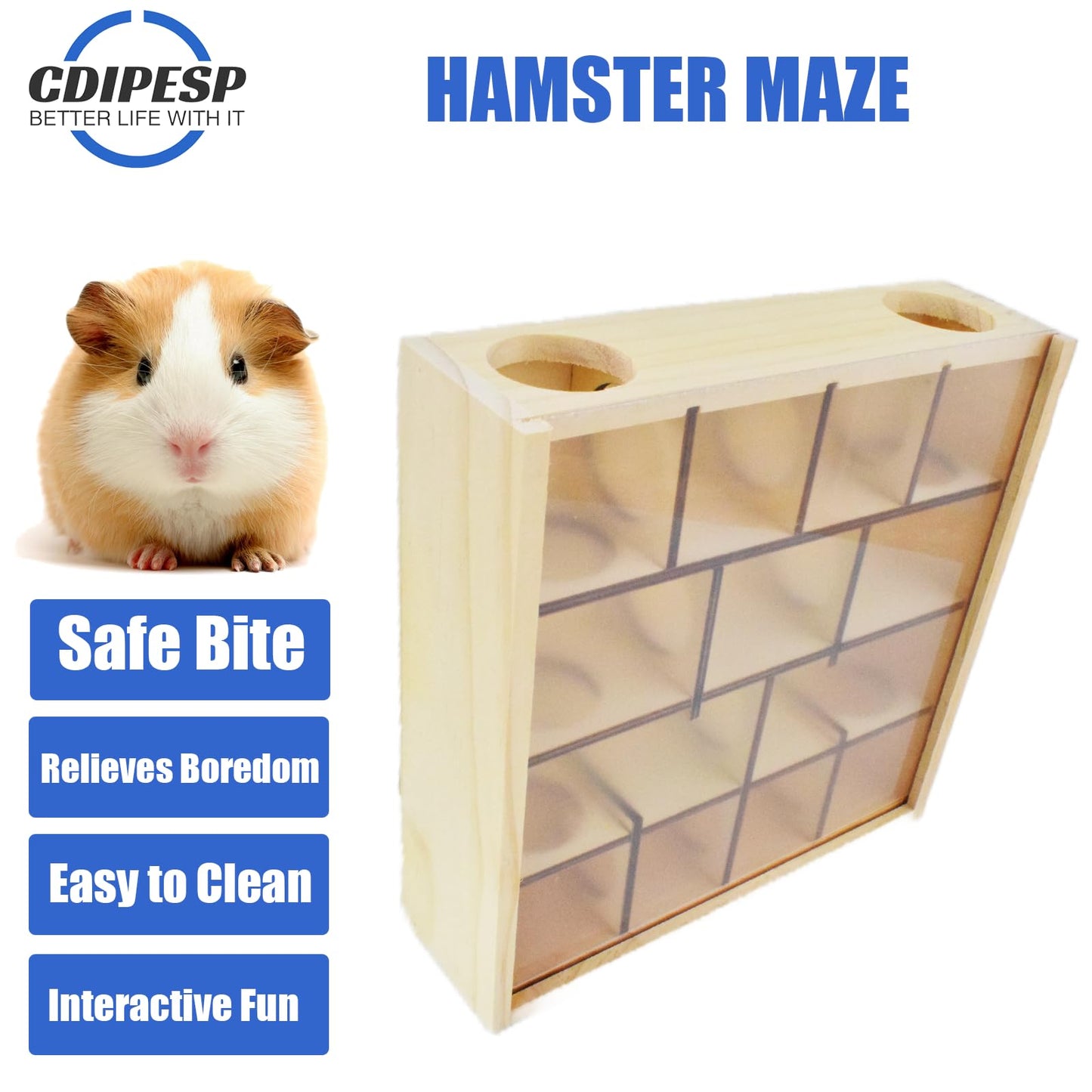 Labyrinthe en bois pour hamsters Cdipesp avec couvercle en acrylique transparent, cachette multi-chambres pour hamsters, jouets pour hamsters, gerbilles, souris et autres petits animaux à fourrure