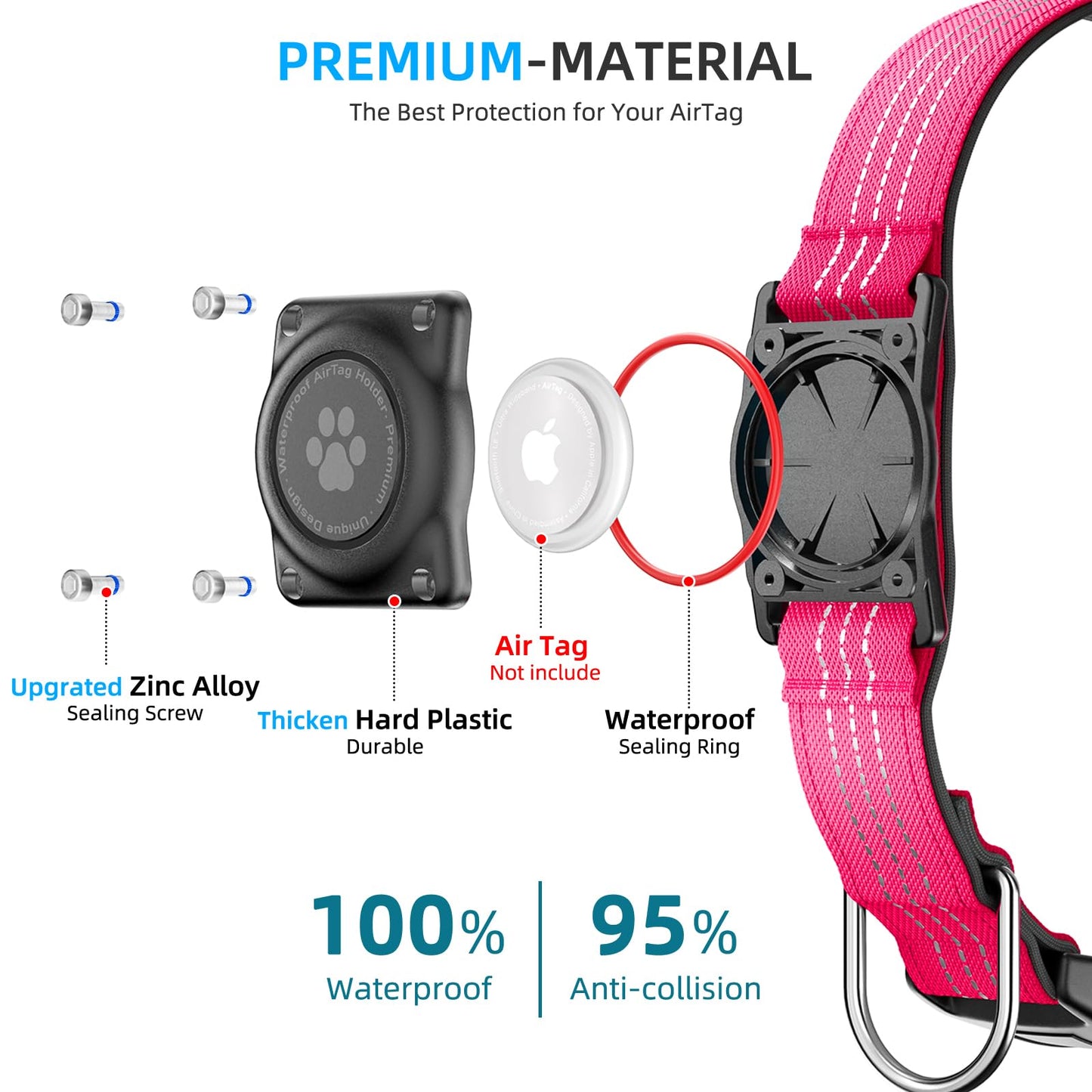 Upgraded AirTag Dog Collar, IP68 Waterproof Air Tag Dog Collar Holder, Reflective, Ultra-Durable, Comfortable Padded, Heavy Duty Dog Collars for Small Medium Large Dogs (L (14.8"-20.3"), HotPink)