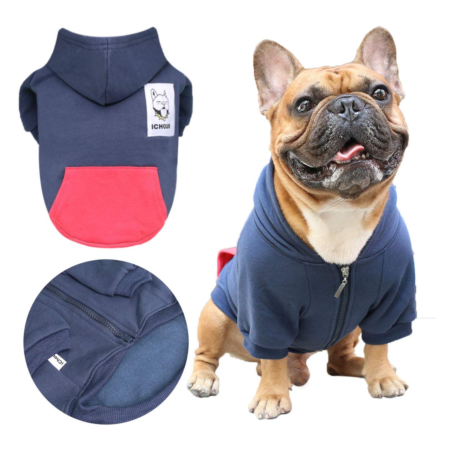 iChoue Pet Clothes Sweat à capuche zippé pour chien Bouledogue français Frenchie Carlin Corgi Chiot Manteau d'hiver chaud en coton Bleu marine Taille S