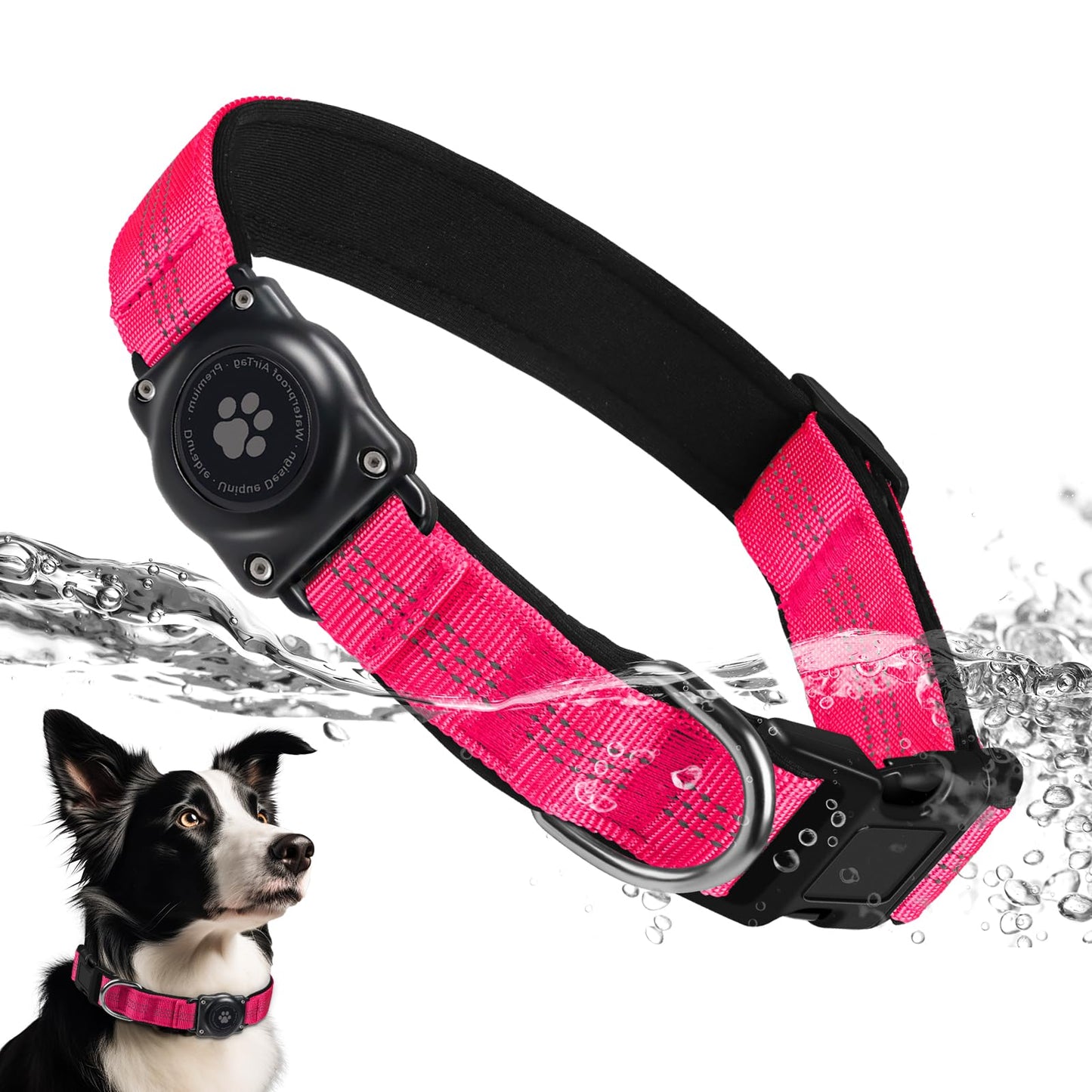 Upgraded AirTag Dog Collar, IP68 Waterproof Air Tag Dog Collar Holder, Reflective, Ultra-Durable, Comfortable Padded, Heavy Duty Dog Collars for Small Medium Large Dogs (L (14.8"-20.3"), HotPink)