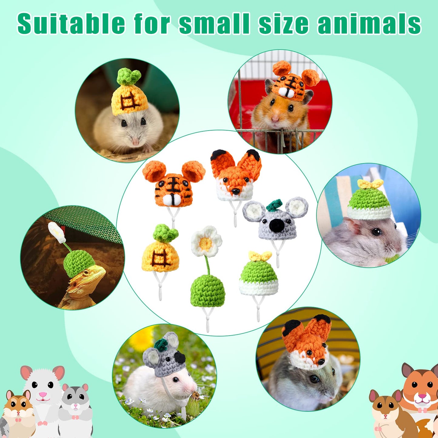 Kajaia 10 Pcs Hamster Hat Small Animals Cute Tiny Hat Mini Hand Knitted Hats for Snakes Pets Bearded Dragon Guinea Pig Bunny Costume Accessories Easter Holiday Parties(Cute Style)