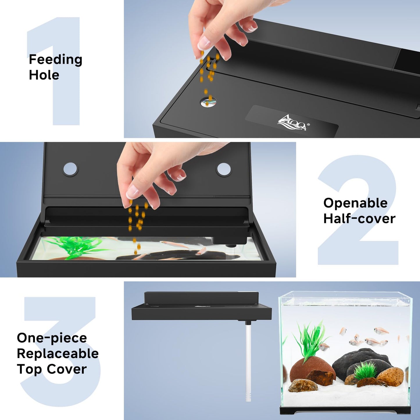 Petit aquarium en verre AQQA, kit de démarrage autonettoyant de 2,4 gallons, contrôleur externe USB, éclairage réglable 4 couleurs, système de filtration supérieur à commande individuelle (noir)