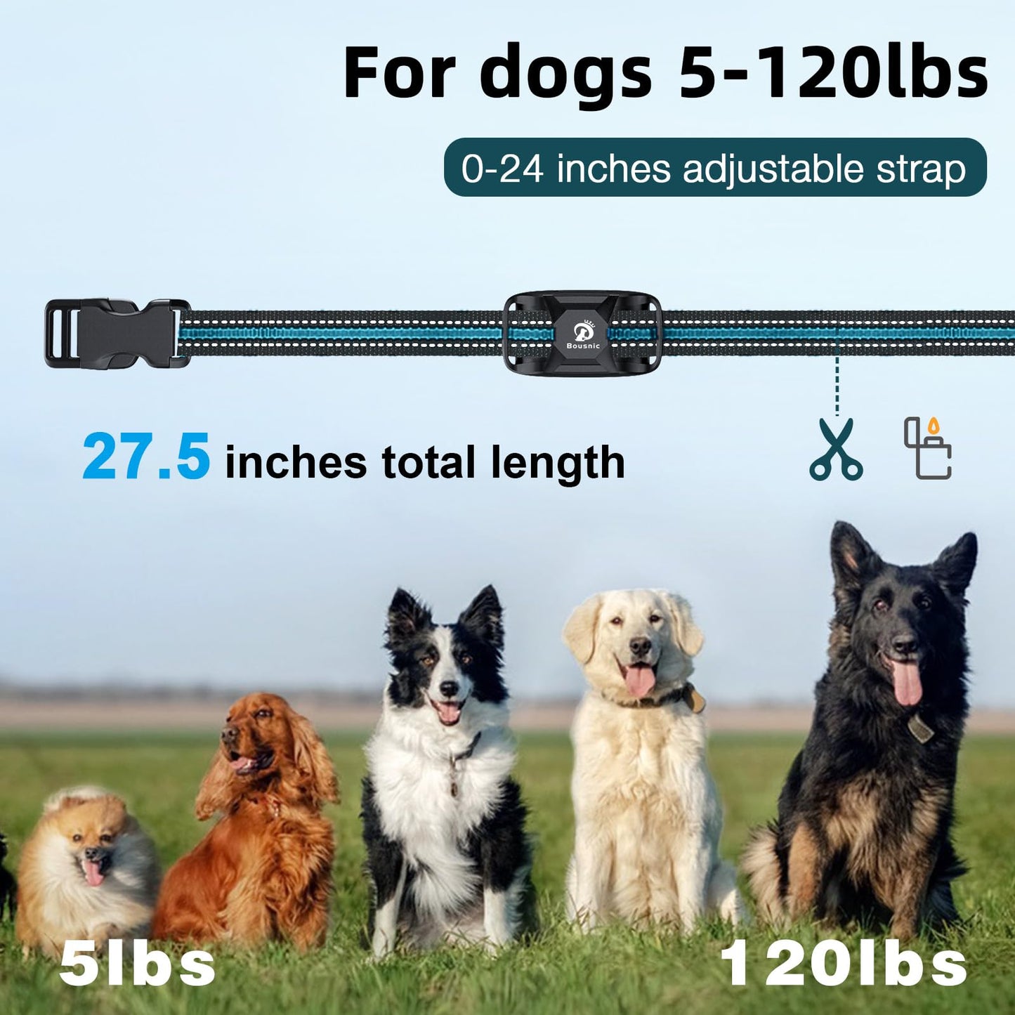 Bousnic Dog Shock Collar - 3300Ft Dog Training Collar with Remote for 5-120lbs Small Medium Large Dogs Rechargeable Waterproof e Collar with Beep (1-8), Vibration(1-16), Safe Shock(1-99) Modes (Blue)