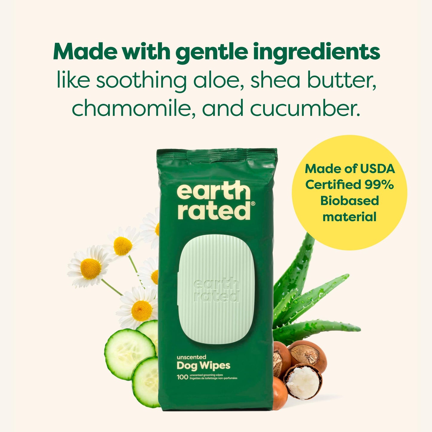 Lingettes de toilettage pour chiens et chats Earth Rated (entreprise canadienne), hypoallergéniques, nettoyantes et hydratantes, pour les pattes, le corps et les fesses, sans parfum, 100 unités
