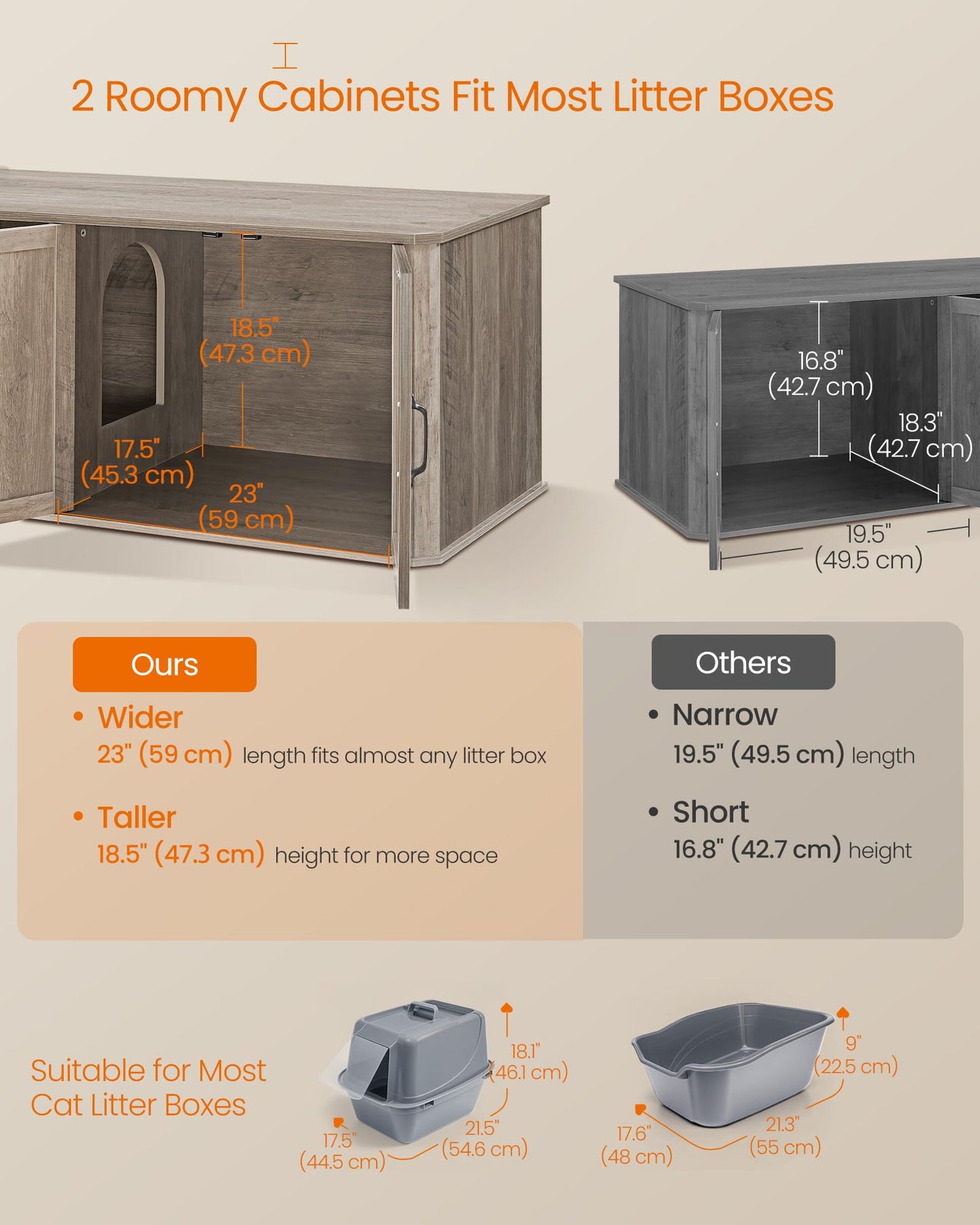 Bac à litière double moderne Feandrea, dissimulé pour 2 chats, entrée principale, niche pour chat, table d'appoint, meuble TV, 150 x 48 x 49,5 cm, Heather Griege
