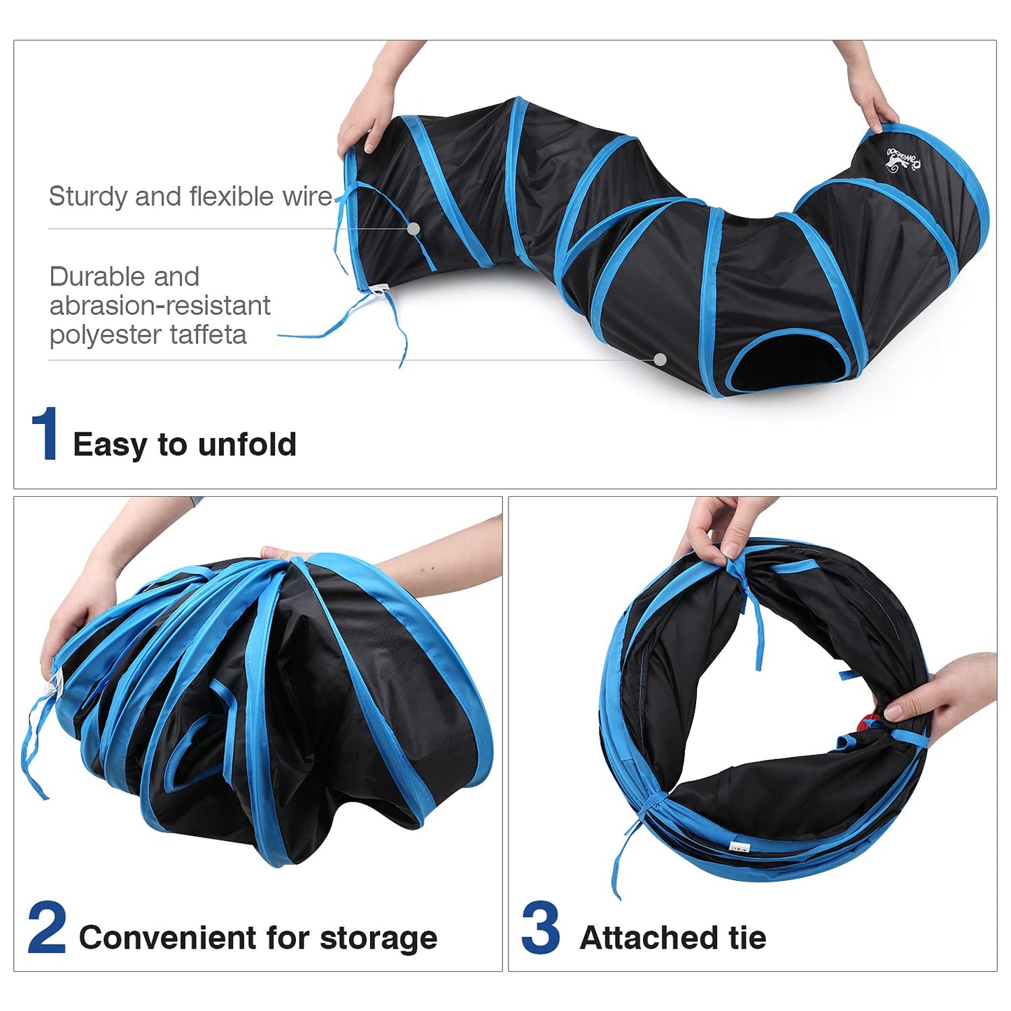 Pawaboo Cat Toys, Cat Tunnel Tube S-Shaped Tunnels 25x97cm Extensible Collapsible Cat Play Tent Interactive Toy Maze Cat House with Balls and Bells for Cat Kitten Kitty Rabbit Small Animal, Blue