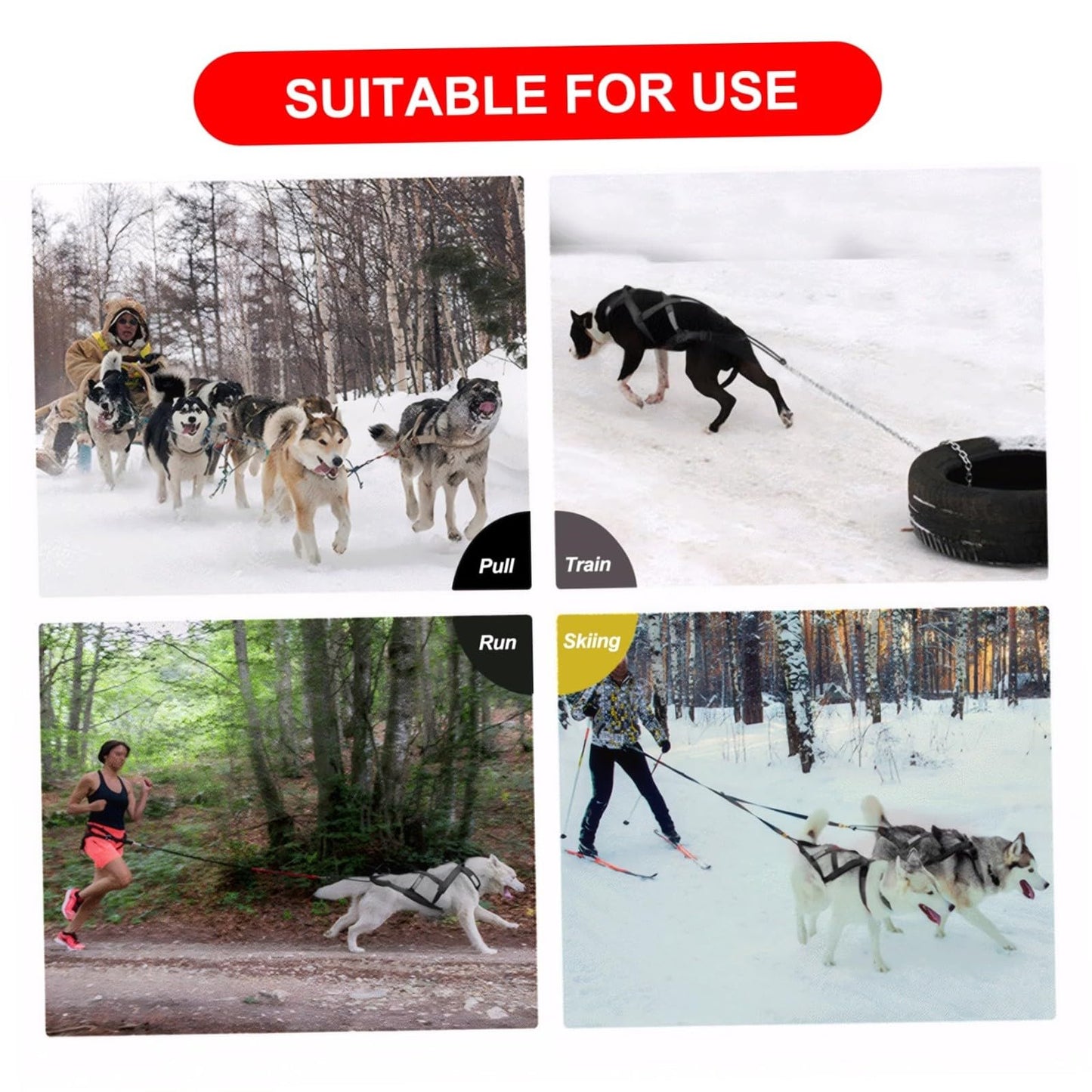 Harnais de traction réglable et robuste pour chien, en nylon imperméable avec bandes réfléchissantes, pour la course et le traîneau, pour les grandes races, le bikejoring, le skijoring, le canicross et le traîneau à chiens (noir, M)