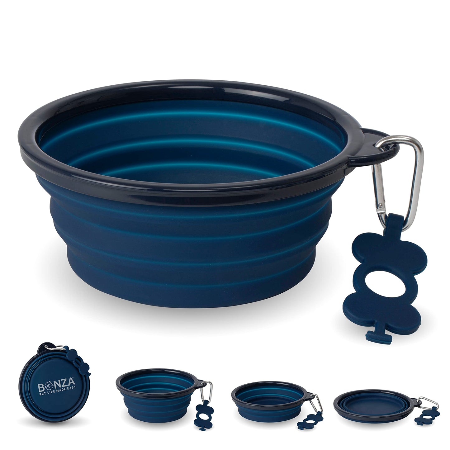 Gamelle pliable pour chien Bonza, bord renforcé robuste, mousqueton et porte-bouteille inclus, bleu marine, grande taille