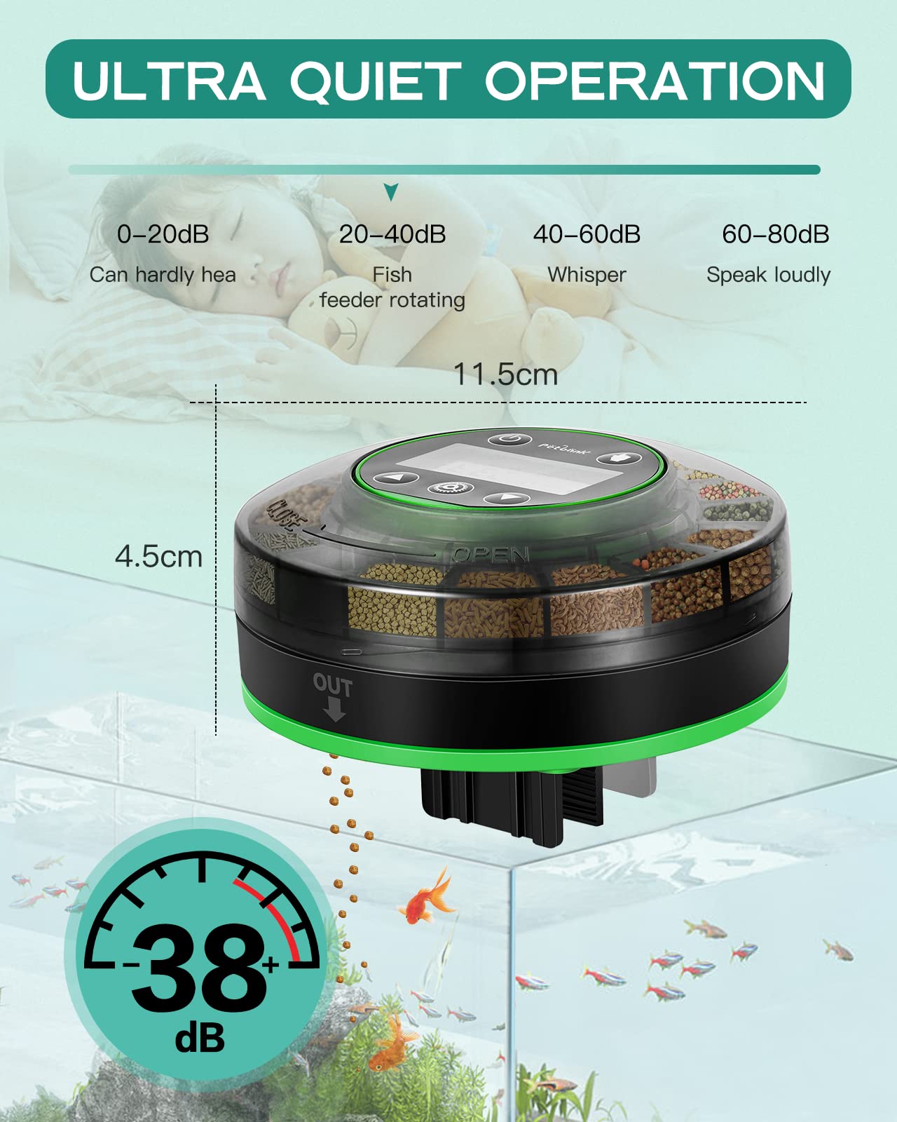 Petbank Automatic Fish Feeder for Aquarium - Auto Fish Food Dispenser Rechargeable for Fish Tank Vacation Fish Feeder Timer with USB Charger Cable