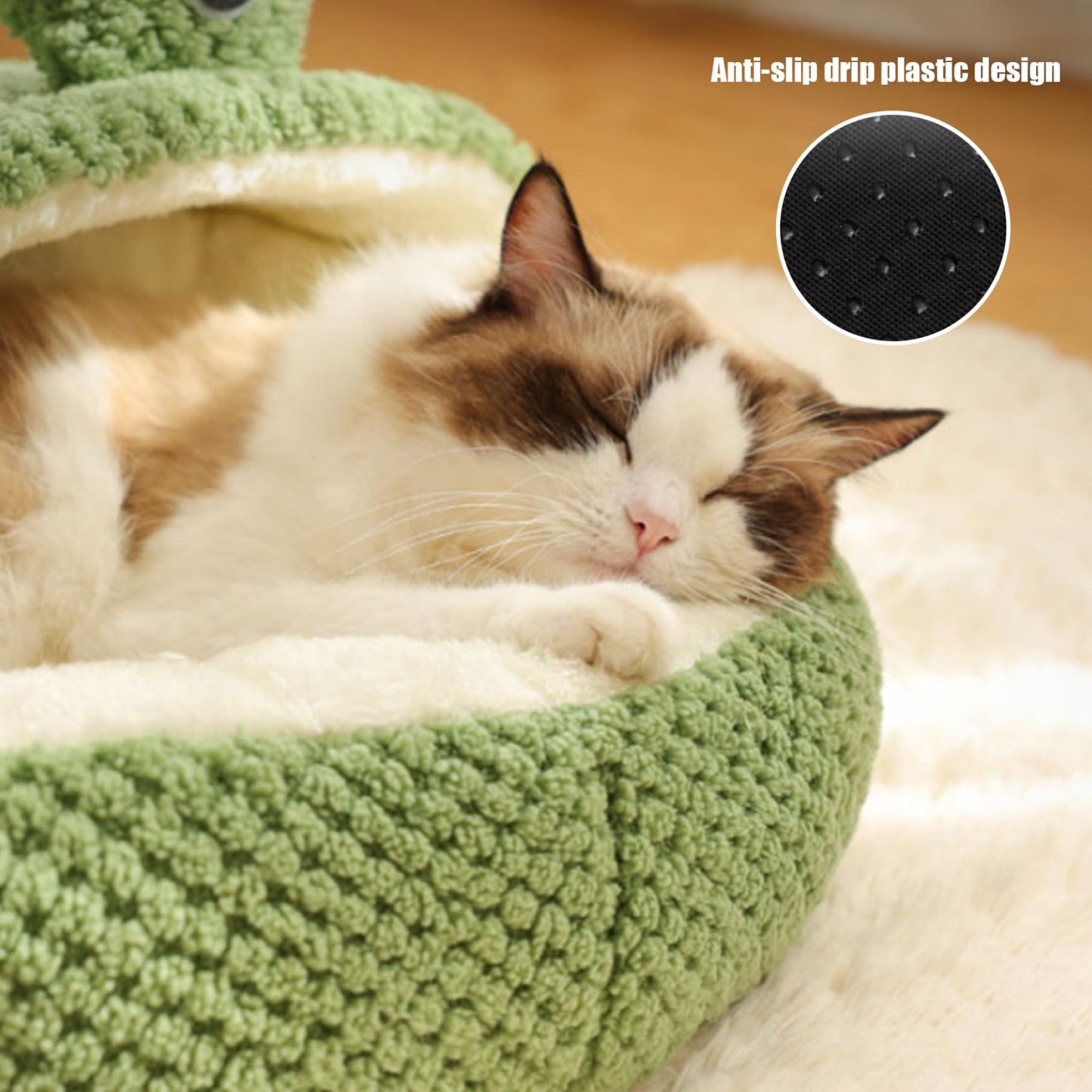 Pet Bed Dog Bed Cat Bed Frog Cat Bed Long Plush Winter Autumn Thermal Cute Cartoon Non-Slip Pet Bed Detachable Insert Soft Dampproof Cat Bed, Round with Half Roof