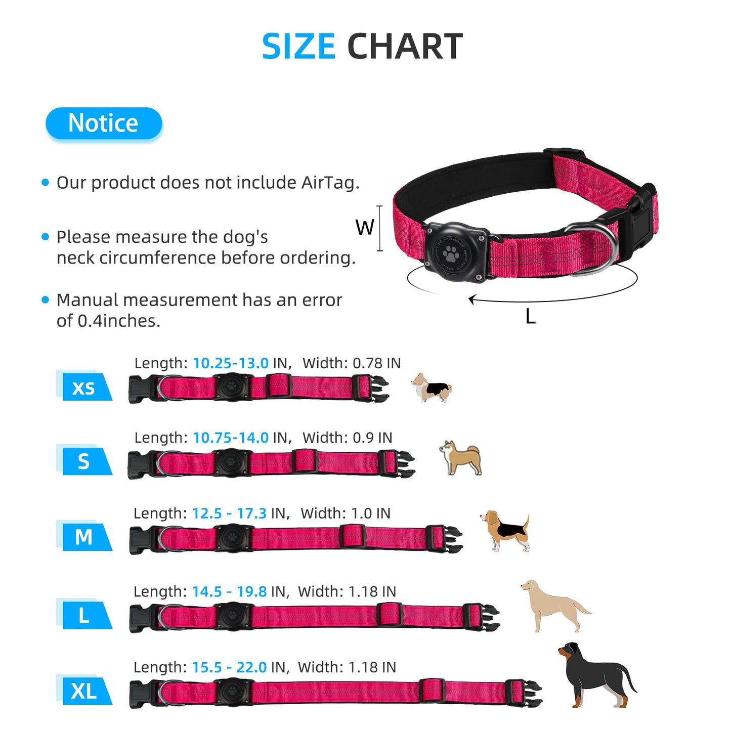 Upgraded AirTag Dog Collar, IP68 Waterproof Air Tag Dog Collar Holder, Reflective, Ultra-Durable, Comfortable Padded, Heavy Duty Dog Collars for Small Medium Large Dogs (L (14.8"-20.3"), HotPink)